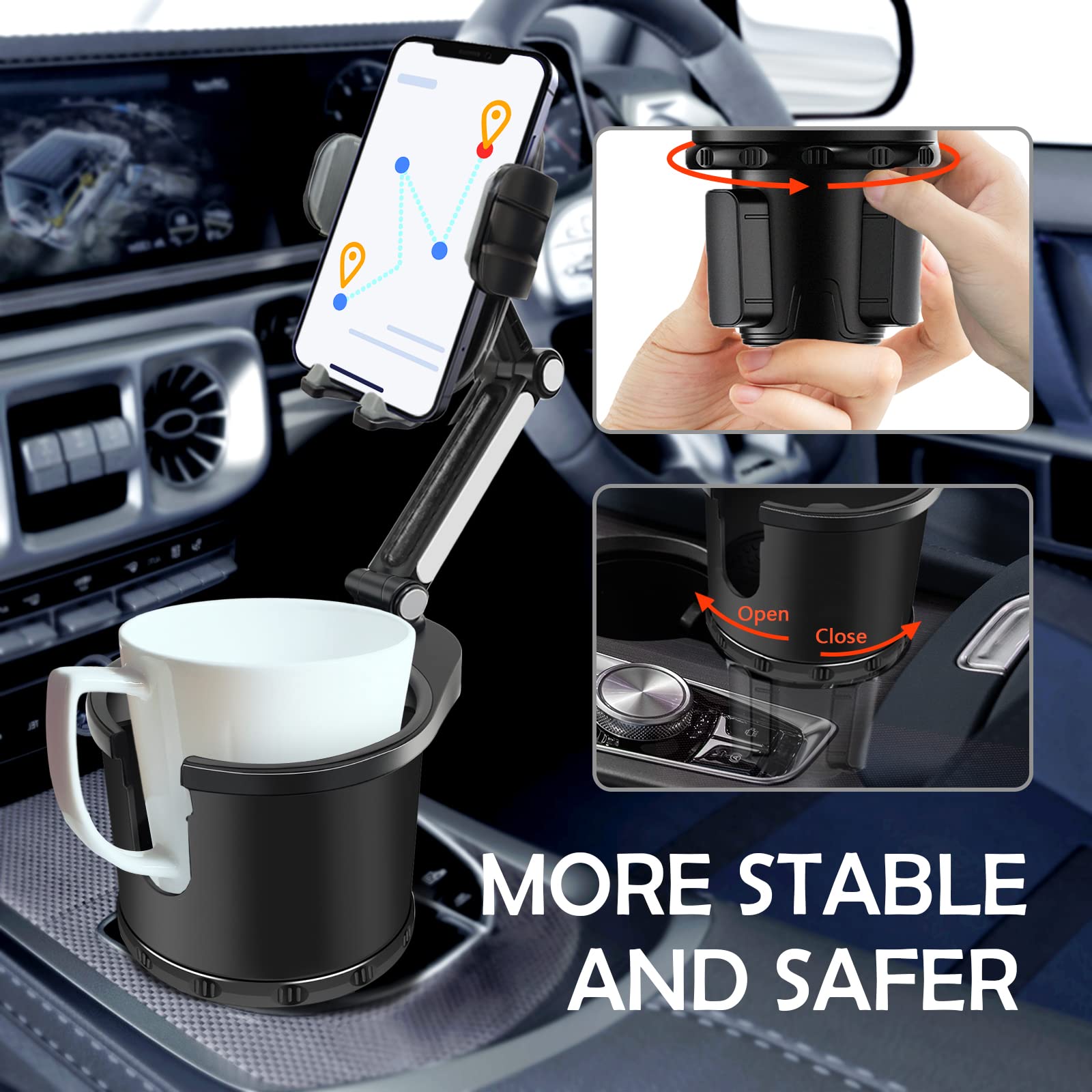 Upgraded 2-in-1 360° Rotating Universal Car Cup Holder Phone Mount - Adjustable Long Neck Base Compatible with All 4-7 Inch Smartphones (Black) | Perfect for Hands-Free Navigation, Road Trips & Daily Commuting