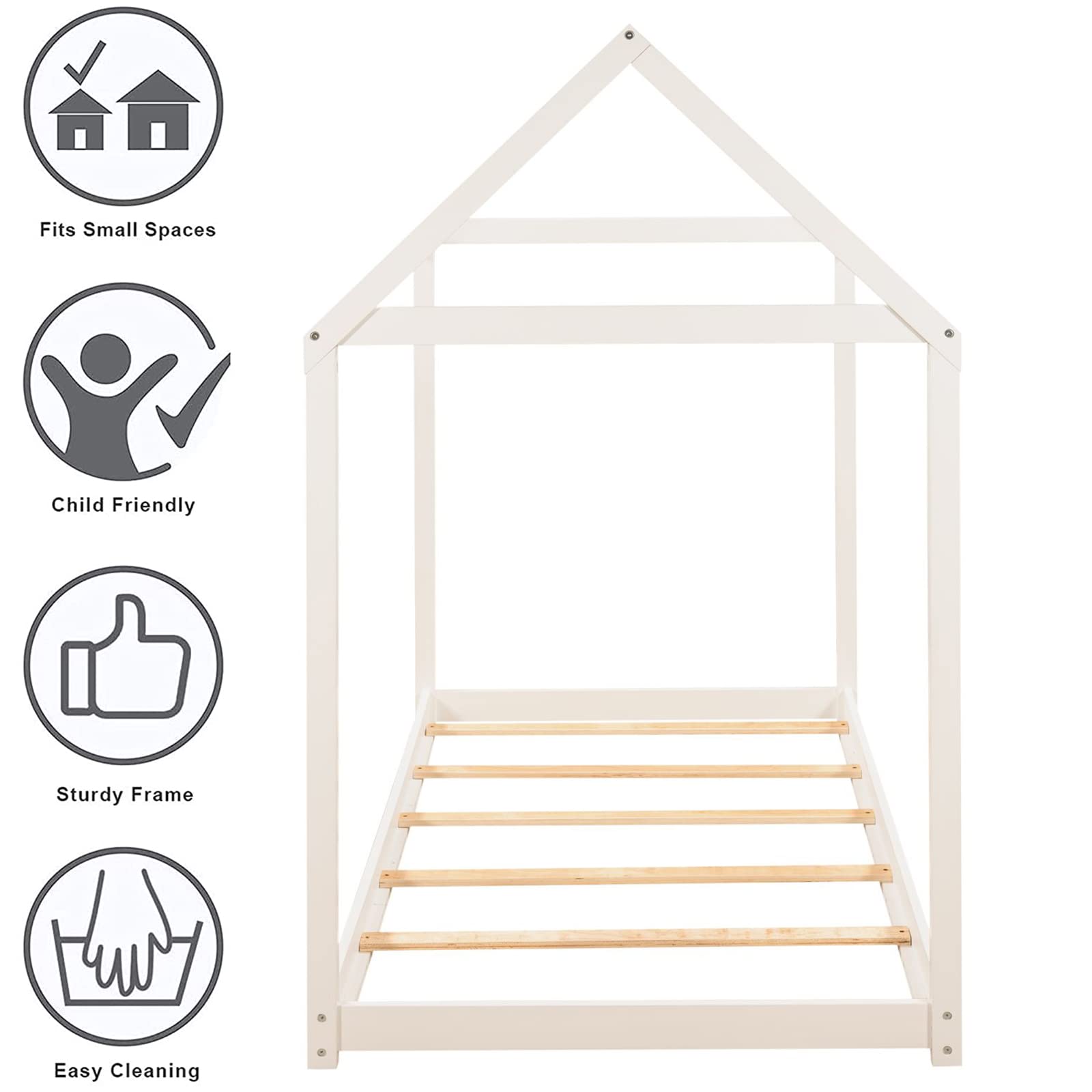 Montessori Twin House Floor Bed for Kids - Solid Wood Twin Bed Frame for Boys & Girls - White - Perfect for Playrooms, Bedrooms & Montessori Learning Spaces