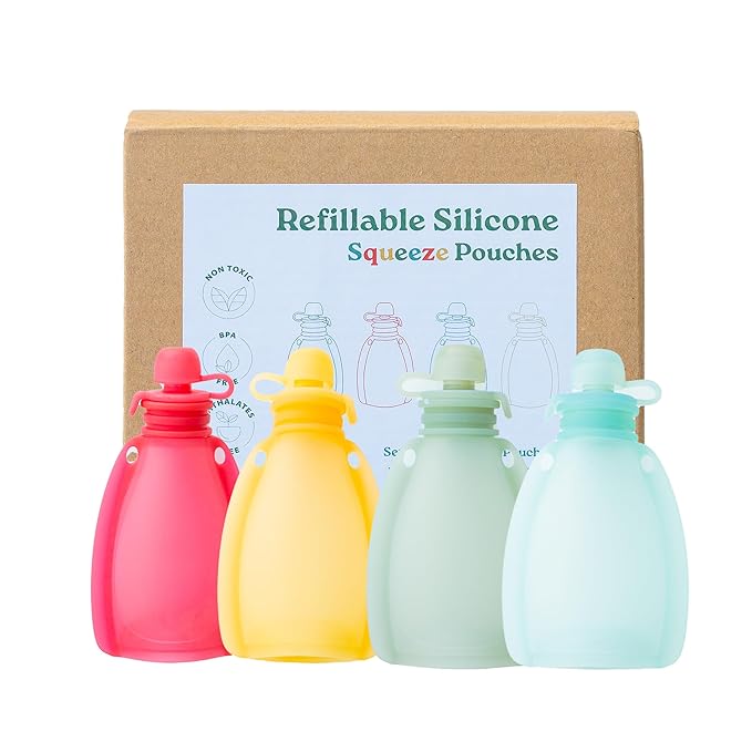 Reusable Silicone Food Pouches for Baby & Kids - BPA Free Squeeze Pouch Set of 4 - Perfect for Purees, Yogurt, Applesauce & Smoothies On-The-Go