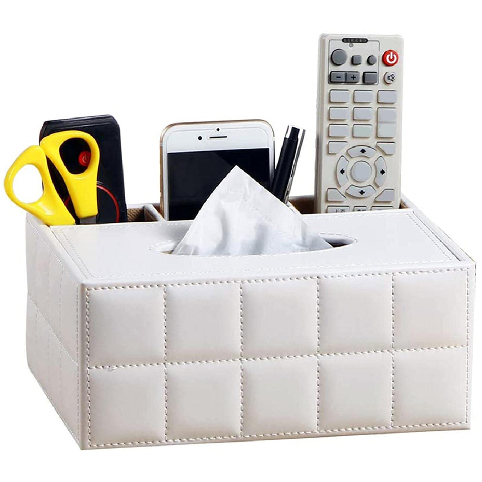 Premium PU Leather Storage Box with Tissue Holder - White Desktop Organizer for Home & Office | Desk Accessories, Napkin Dispenser, Stationery Tidy Bins - Perfect for Workspace, Living Room & Bedroom Organization