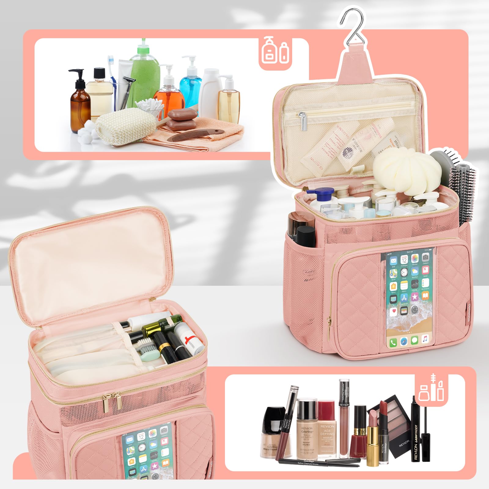 WOOMADA Large Hanging Toiletry Bag with Hook - Waterproof Travel Cosmetic Organizer for Women & Men - Perfect for Shower, Beach, Gym, Camping & Business Trips (Pink) - Compact Portable Bathroom Essentials Storage