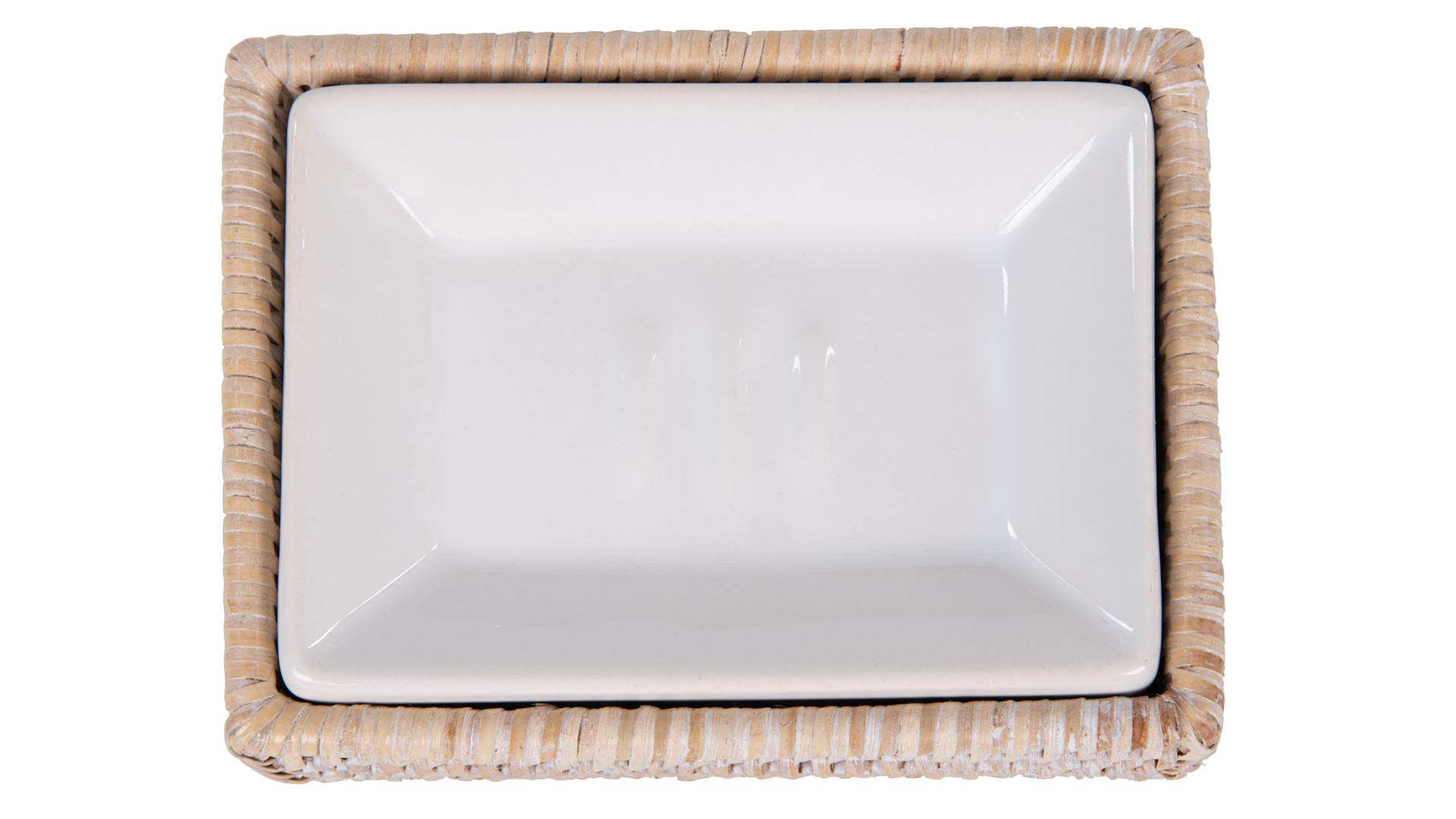 Kouboo La Jolla White-Washed Rattan Rectangular Soap Dish - Bathroom Organizer for Sink Countertop, Shower Shelf & Vanity Decor