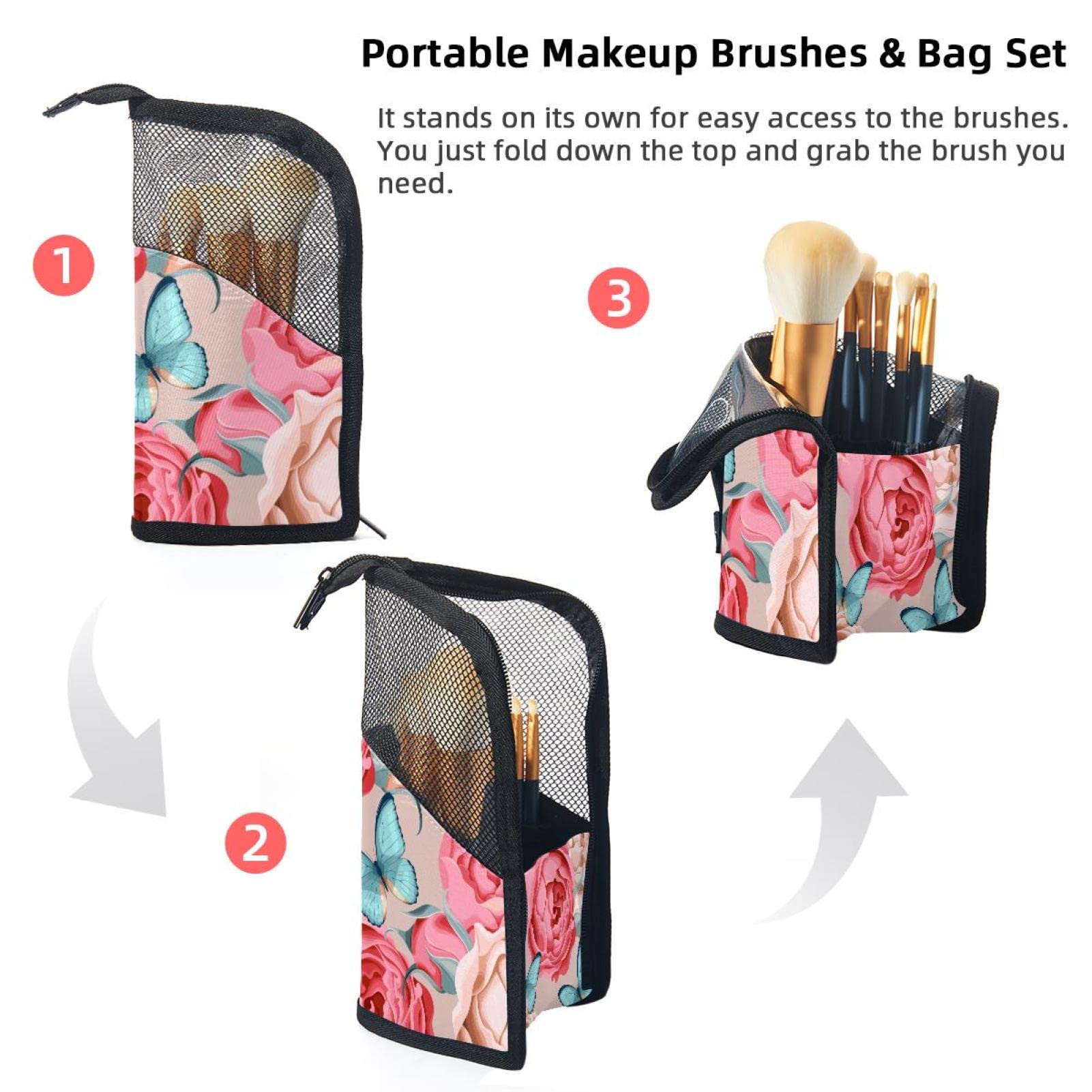 12-Piece Makeup Brush Organizer Bag with Floral Butterfly Design - Portable Cosmetic Brush Holder Case for Travel, Home & Professional Use