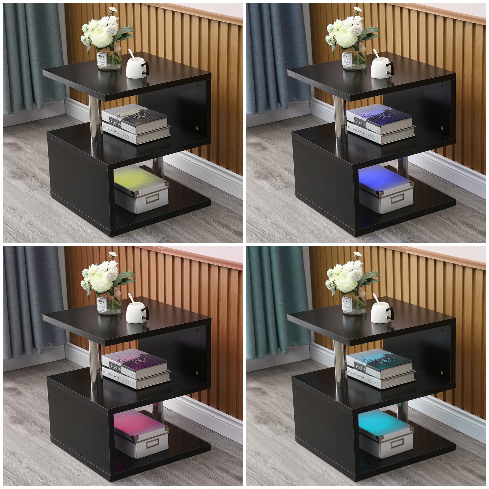 LED S-Shaped Side Table - Modern End Table with USB Charging Port, Coffee Table & Nightstand for Living Room, Bedroom, Office - Black | Perfect for Small Spaces, Reading Nook & Bedside Storage