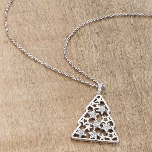 0.2 Carat CZ Rhodium-Plated Christmas Tree Pendant with Mixed Stars Pave - Elegant Holiday Jewelry Gift for Women - Perfect for Christmas Parties, Festive Outfits & Holiday Celebrations