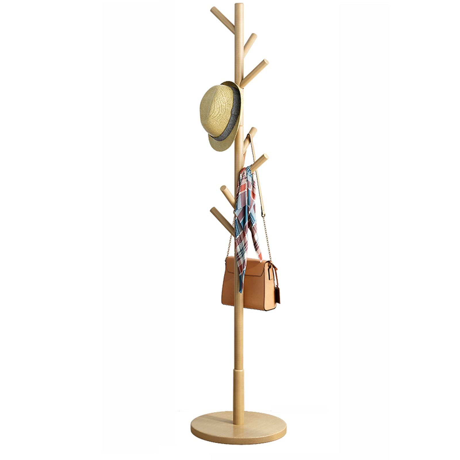 Adjustable Wooden Coat Rack Stand - Free Standing Floor Coat Tree with Hooks for Hats, Jackets & Umbrellas - Easy Assembly Entryway Organizer for Hallway, Bedroom & Office Closet Storage Solution