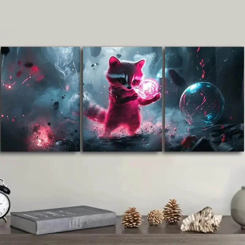 3-Piece Magical Raccoon Metal Wall Art - Ready to Hang Wildlife Decor for Living Room, Bedroom, or Office