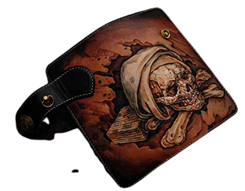 Handcrafted 3D Genuine Leather Biker Wallet for Men - Custom Engraved & Hand-Painted Long Wallet with Skull Design - Perfect for Motorcycle Riders, Truckers & Gift Giving