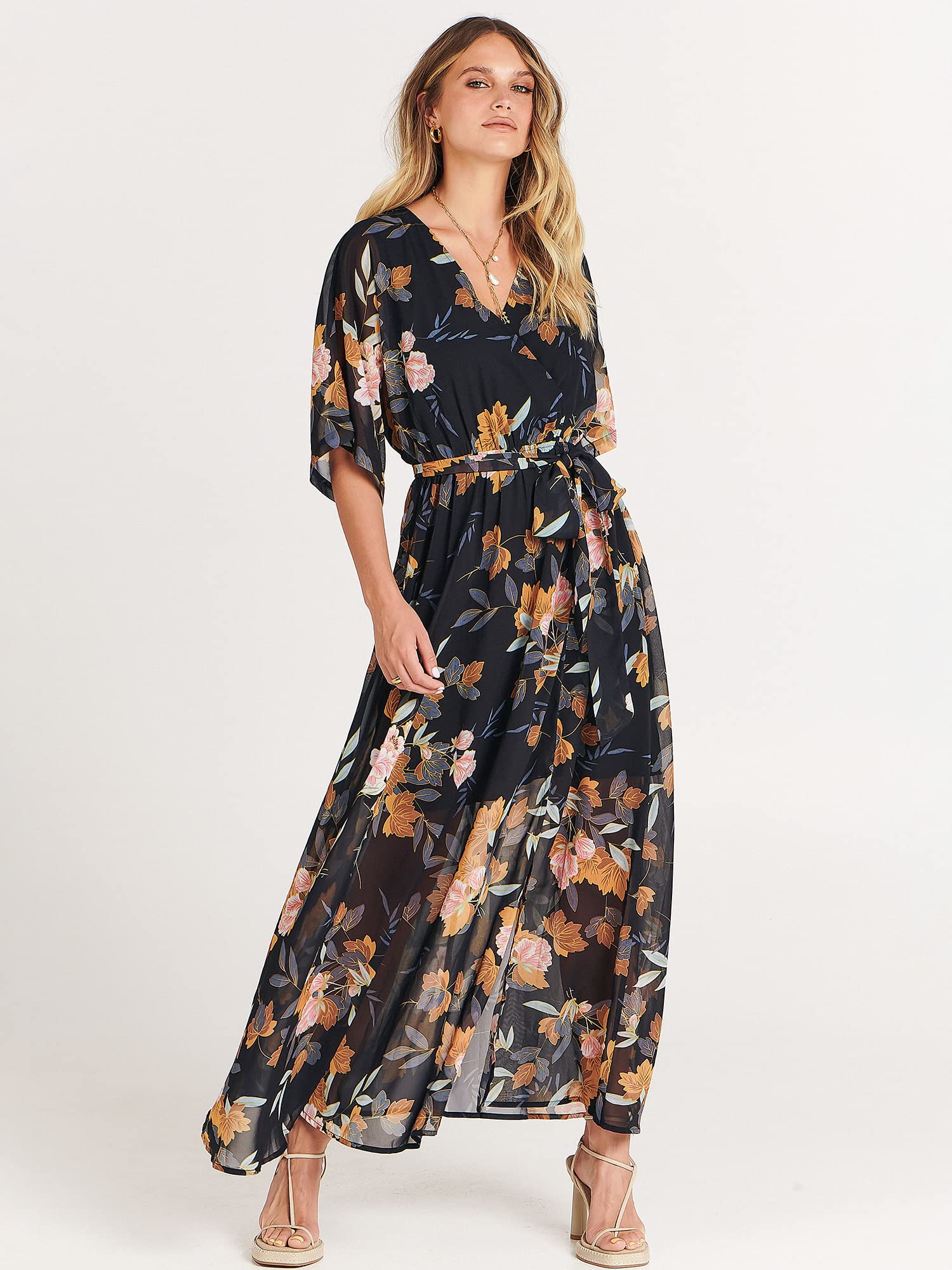 ANRABESS Women's Floral Print Boho Maxi Dress - Loose Wrap V-Neck 3/4 Sleeve Beach Wedding Guest Long Dress for Summer 2024 | Perfect for Vacations, Parties & Casual Outings
