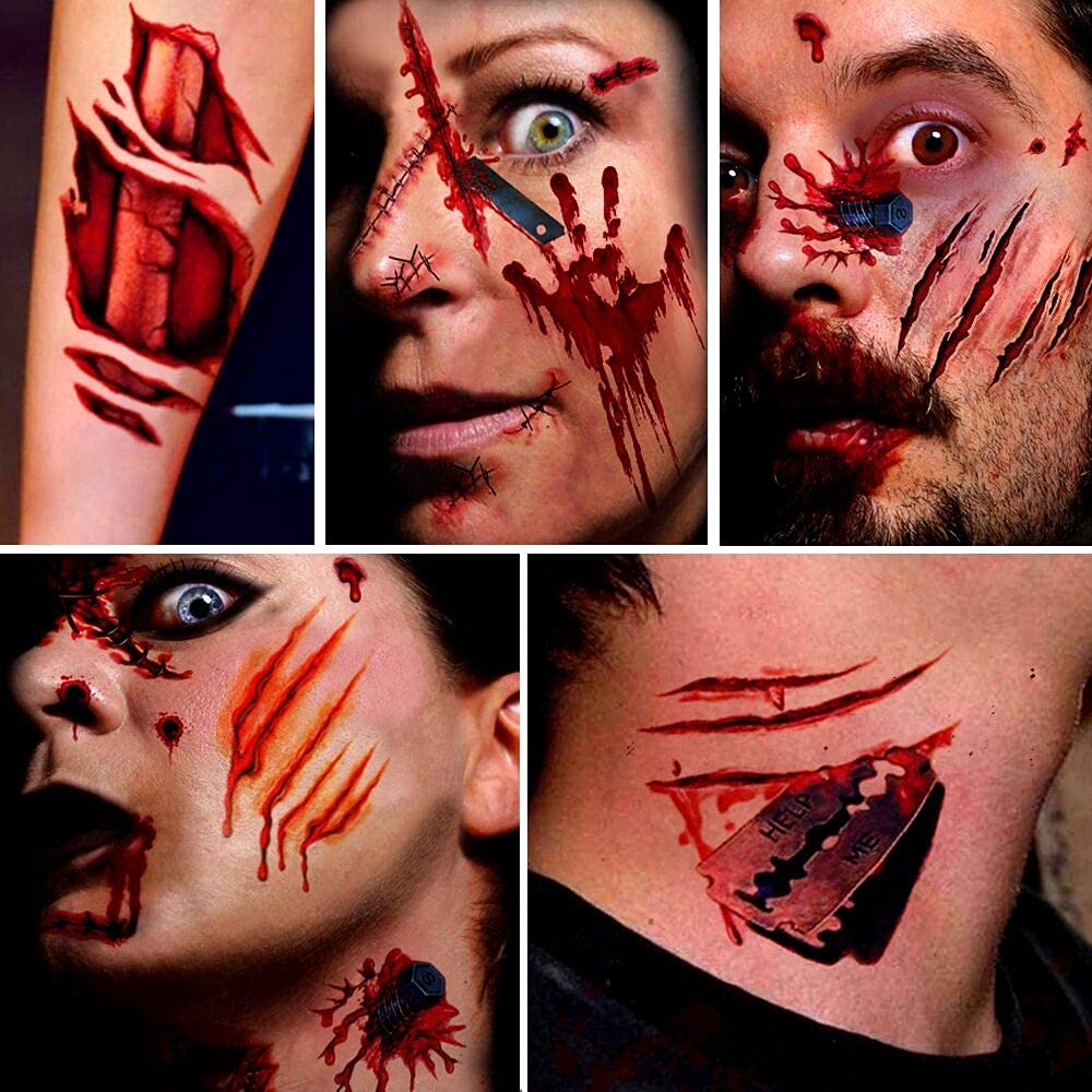 11-Piece Halloween Makeup Kit with Zombie, Vampire & Fake Blood - 61 Realistic Scars, Cuts & Tattoos for Cosplay, Horror Parties & Halloween Costume Contests