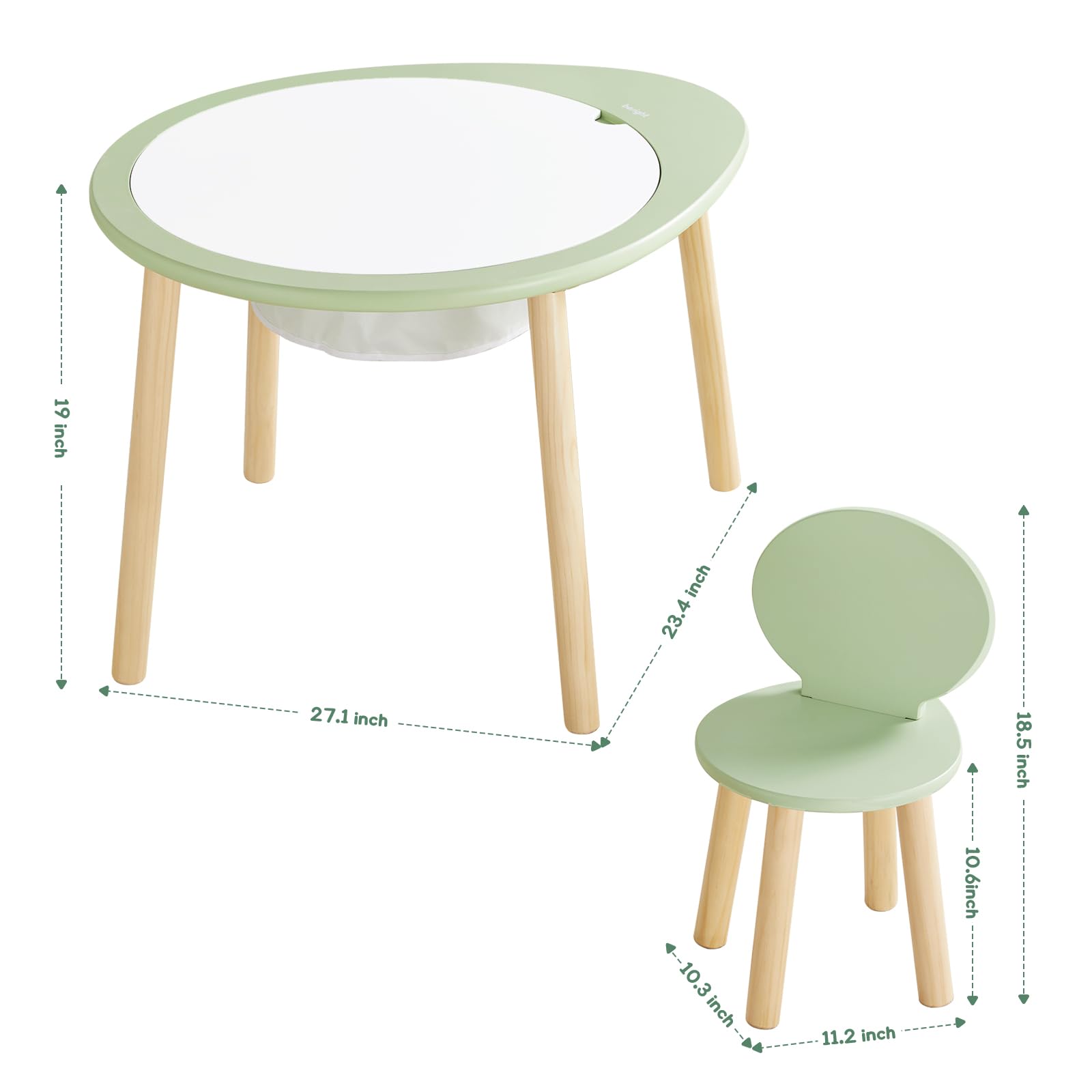 Beright Kids Wooden Table and Chairs Set - Round Play Table with 2 Chairs for Toddlers, Removable Top Panel & Storage Bag - Perfect for Bedroom, Playroom & Kids Room - Green | Ideal for Arts & Crafts, Snack Time & Learning Activities