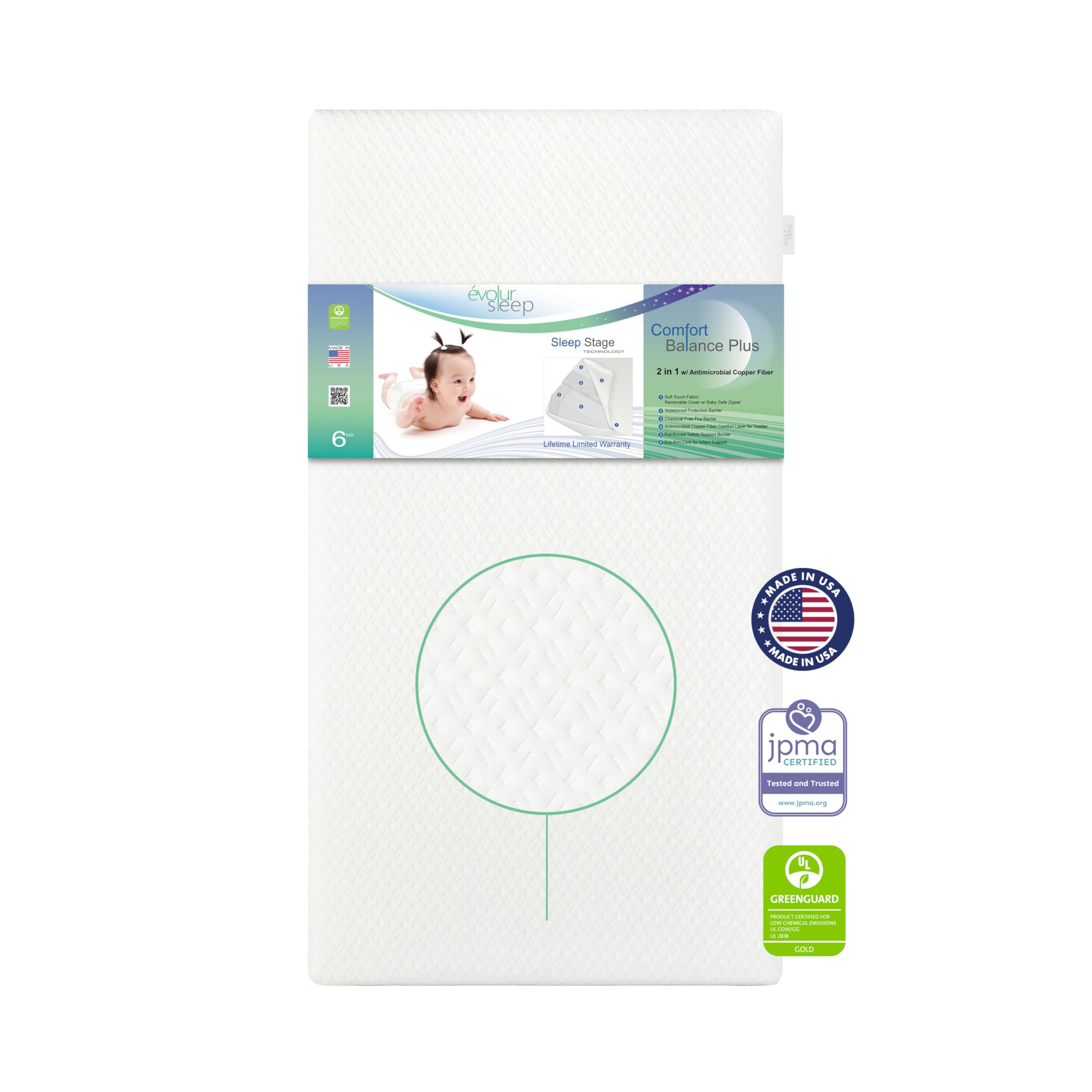Evolur Coco Comfort Lite Plus Natural Copper Infused Fiber Crib & Toddler Mattress - Waterproof, Green Guard Gold Certified, Removable Cover, 5