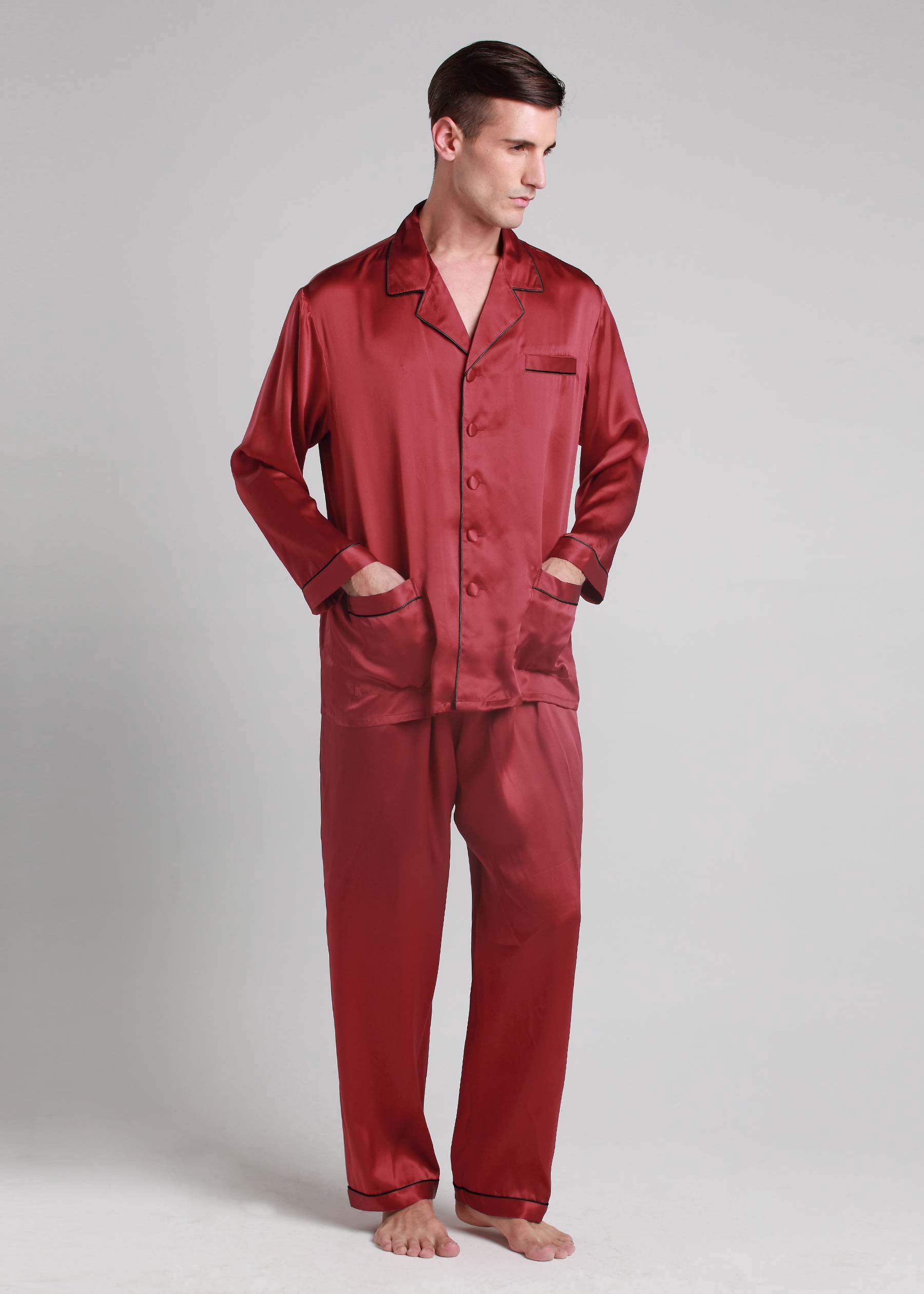 Premium 100% Silk Pajamas for Men - Long Sleeve Soft Lounge Sleepwear with Contrast Trim | Ideal for Relaxing at Home, Spa Days & Luxury Gifts