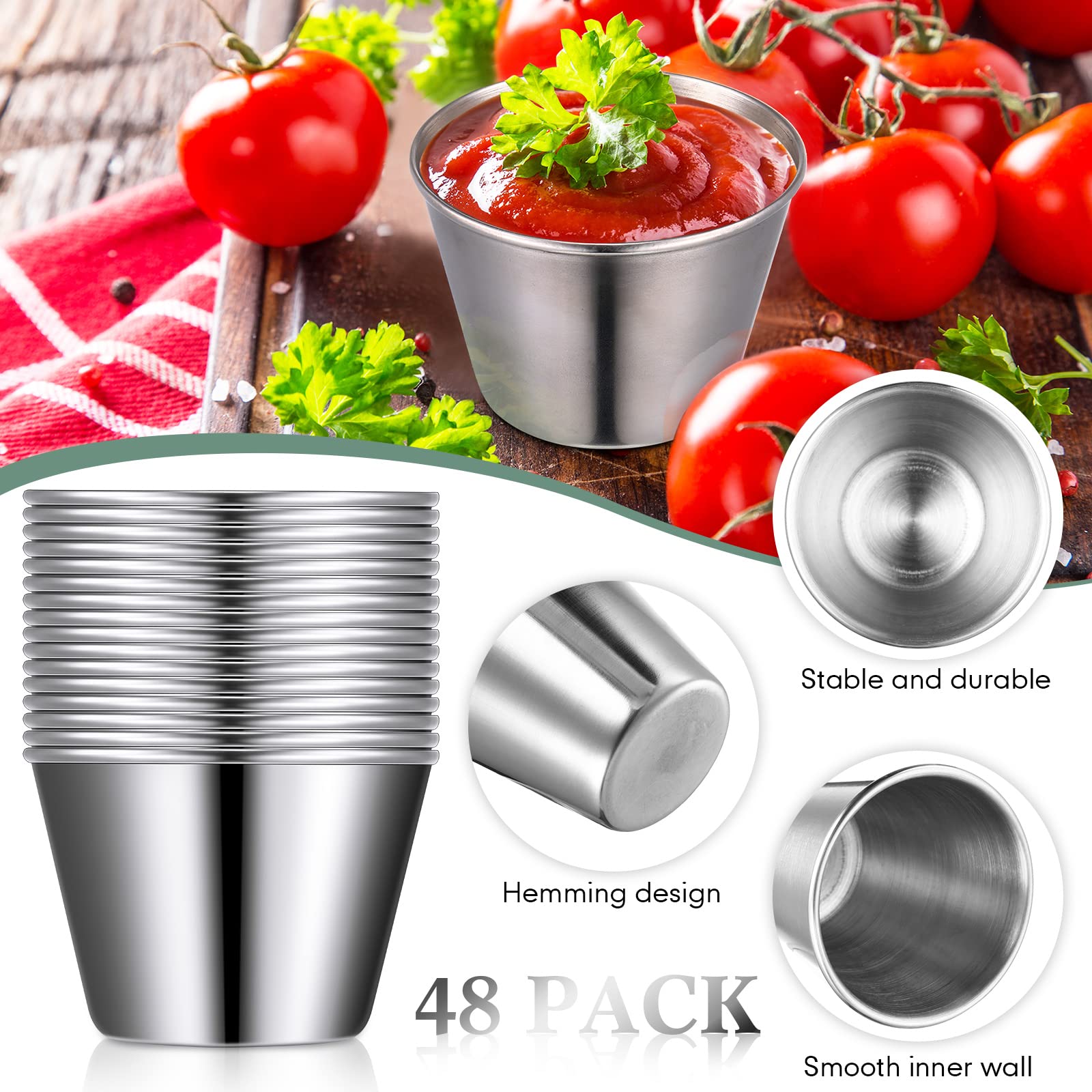 48 Pack 2.5 oz Stainless Steel Ramekins - Small Metal Sauce Cups for Condiments, Dipping Sauces, Butter & Ice - Perfect for Kitchen, Restaurant, Catering, Camping, BBQ & Party Serving (Round Containers for Vinegar, Dressings & Food Presentation)