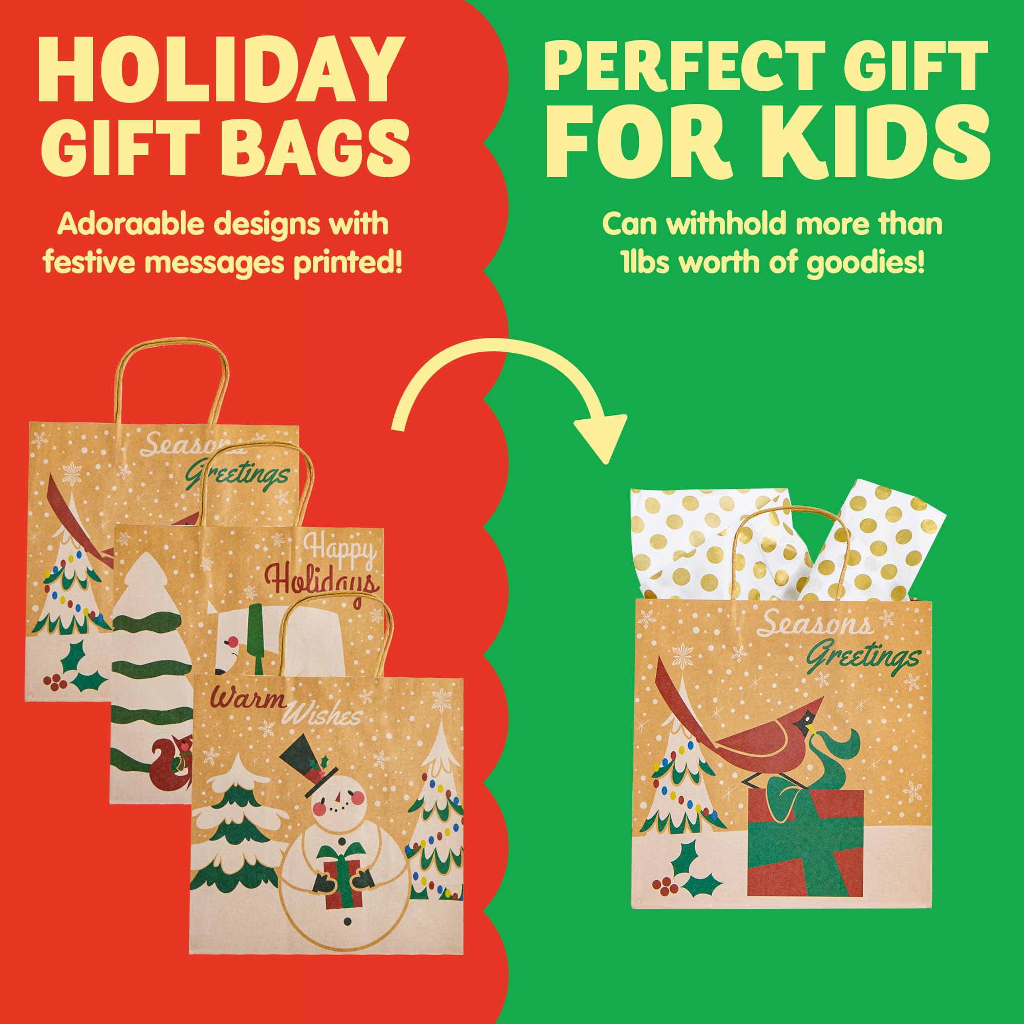 JOYIN 24-Piece Christmas Kraft Gift Bags Set - Assorted Holiday Designs for Wrapping Presents (Classic Style, Tissue Paper Not Included) - Perfect for Christmas Party Favors, Stocking Stuffers & Holiday Gift Giving