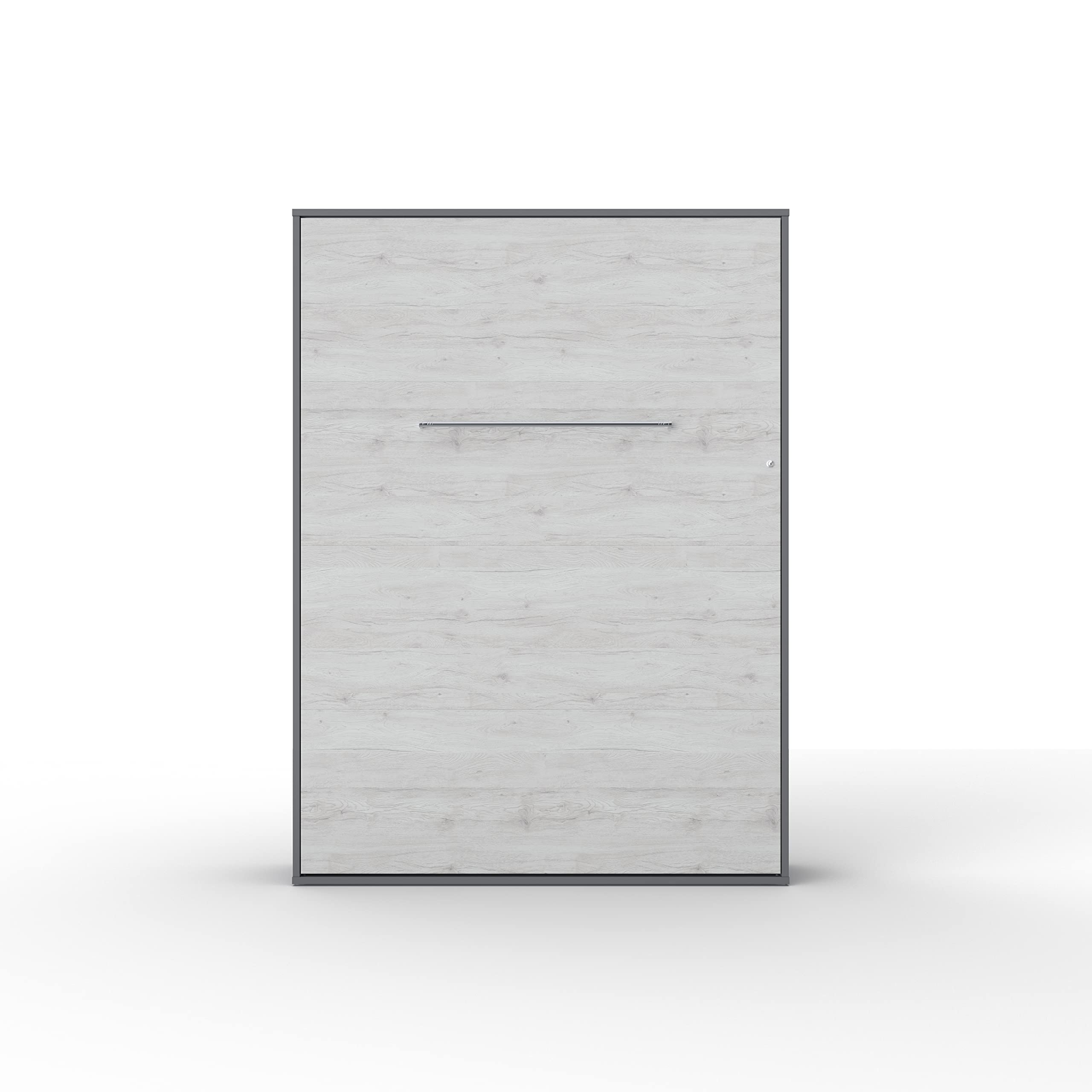 European Queen Size Vertical Wall Bed with LED Lights - Slate Grey/White Monaco Finish | Space-Saving Murphy Bed for Small Apartments, Guest Rooms & Home Offices
