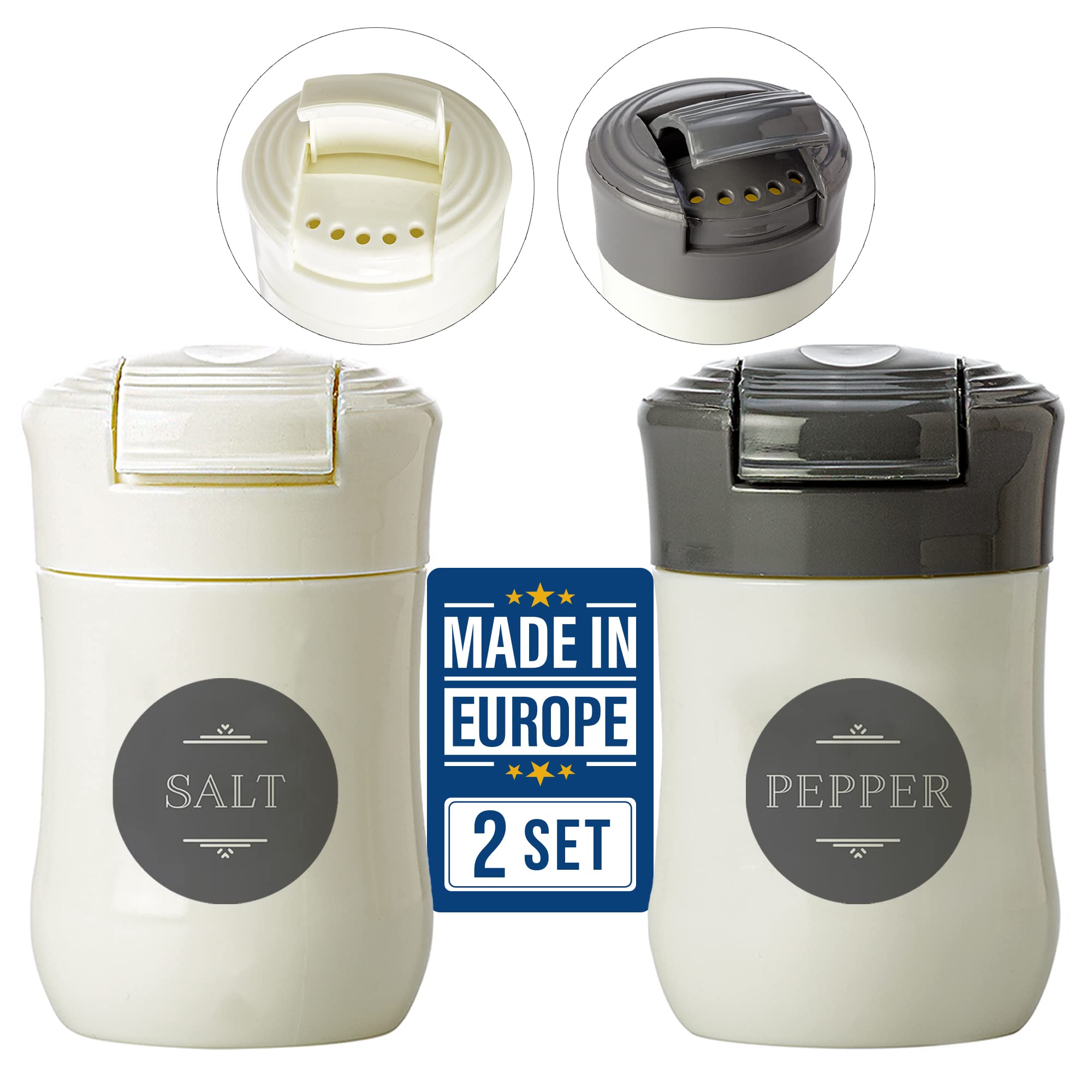 CRYSTALIA BPA-Free Plastic Salt and Pepper Shakers Set of 2 - Moisture Proof Mini Seasoning Containers with Lids for Kitchen, Camping, Travel & Outdoor Cooking