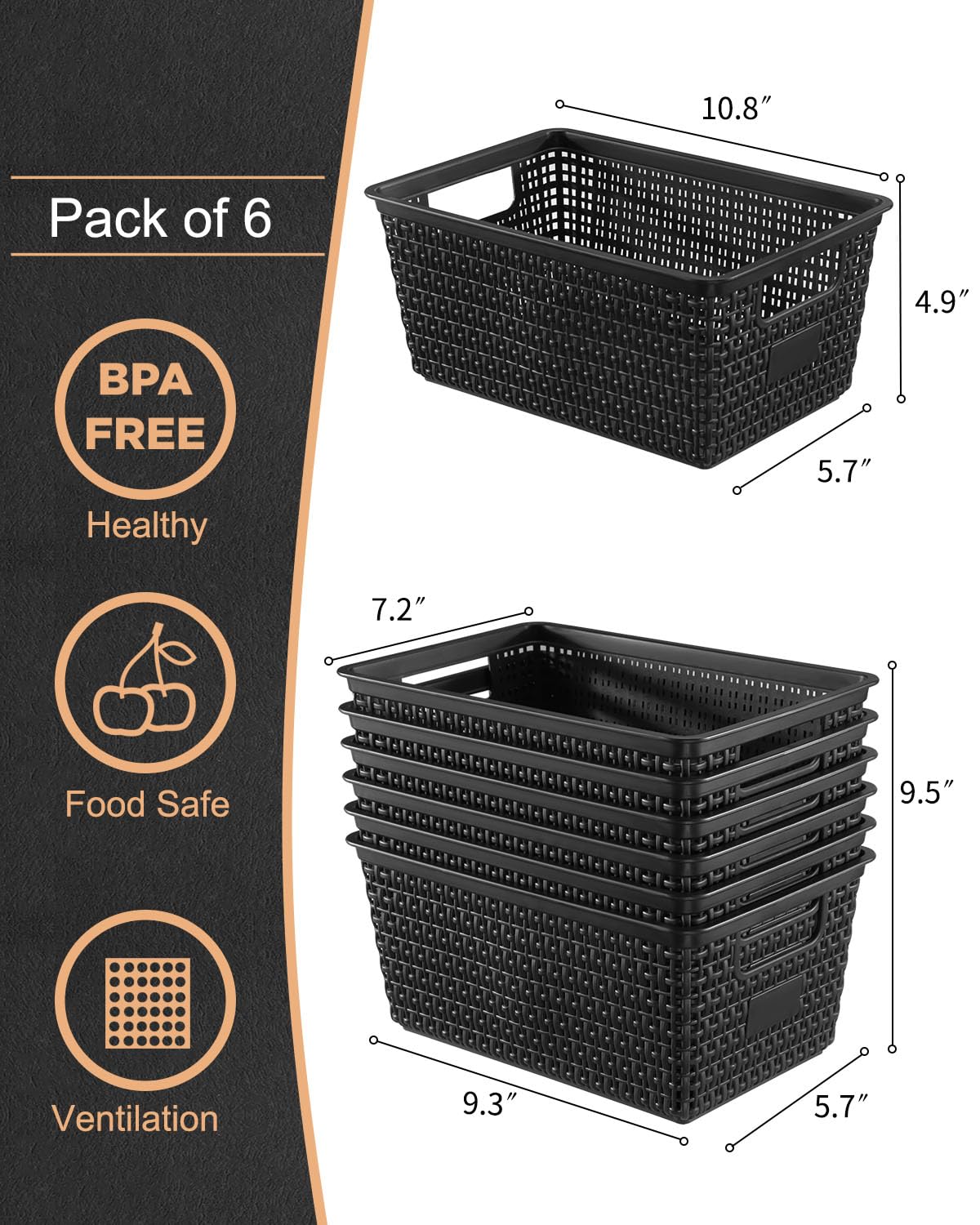 6-Pack Plastic Storage Baskets - Organize Shelves, Drawers & Desks for Home/Office