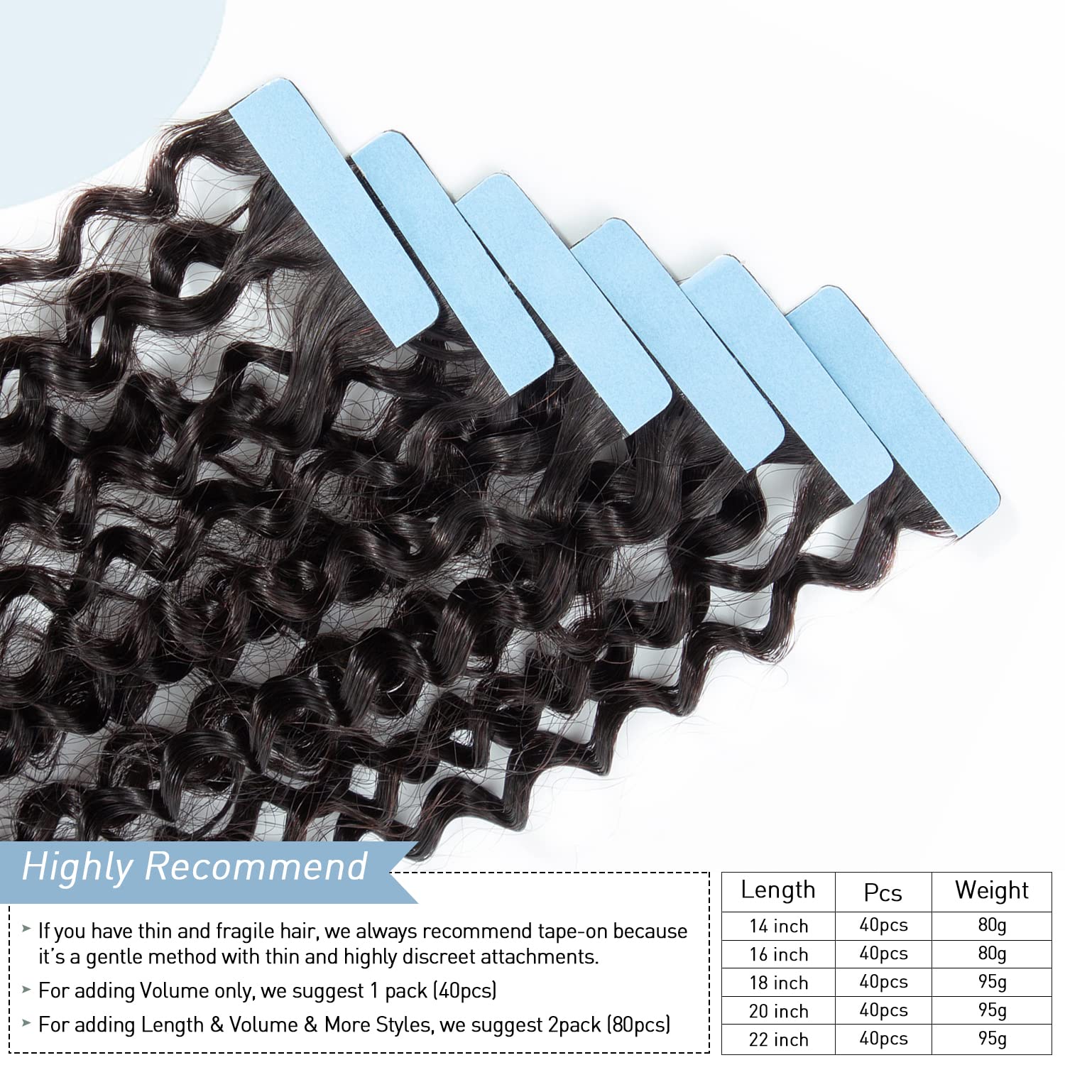 Premium 40-Piece Kinky Curly Tape-In Hair Extensions for Black Women | 100% Human Hair | Seamless & Invisible Tape | Semi-Permanent Natural Hair Extensions for Daily Wear, Parties & Special Occasions