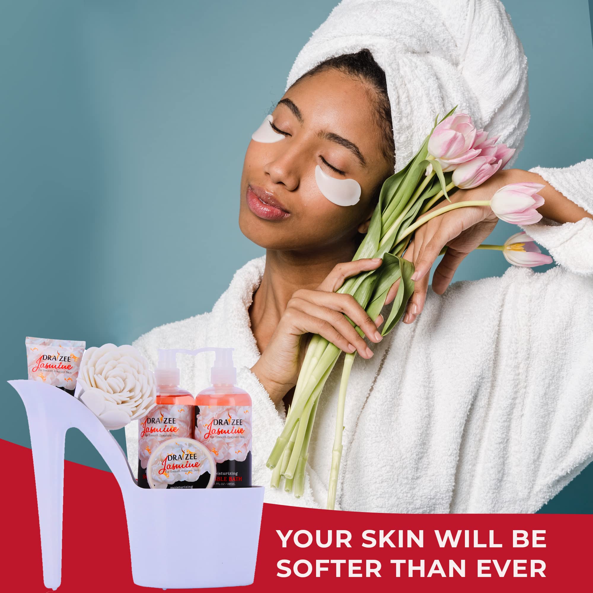 Luxury Spa Gift Set for Women - 4-Piece Bath & Body Basket with Rose, Cherry, Spearmint & Jasmine Scents | Includes Shower Gel, Bubble Bath, Loofah Puff, Body Butter & Lotion | Perfect Birthday, Mother's Day & Christmas Present | Relaxing Self-Care & Pampering Gift Idea