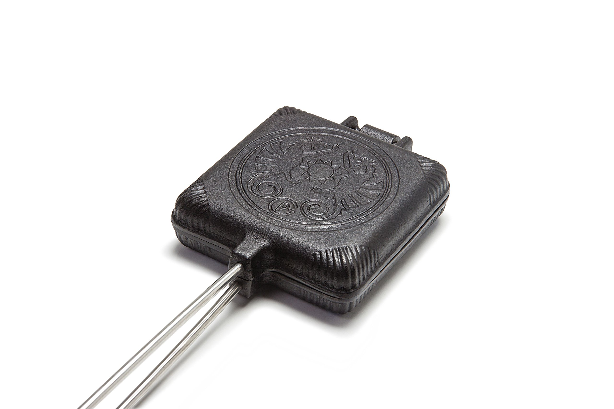 Petromax Hinged Cast Iron Sandwich Pie Iron for Campfire Cooking - Wooden Handles, Perfect for Outdoor Picnics, Camping & Backyard BBQs