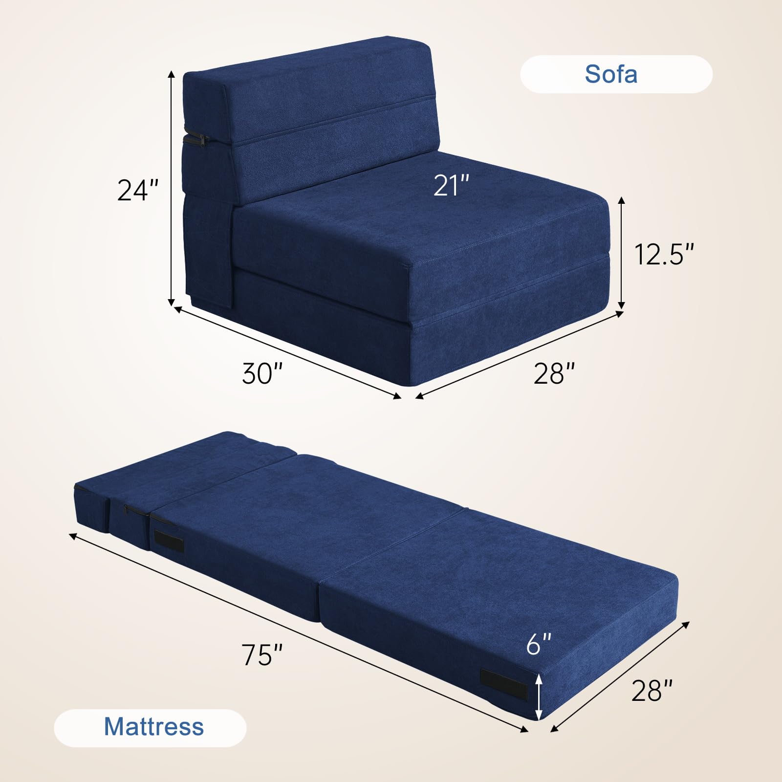 Convertible Folding Sofa Bed with Memory Foam Pillow - Single Size Dark Blue Sleeper Chair for Living Room, Home Office, Guest Bed & Small Spaces - Perfect for Apartments, Lofts and Overnight Guests