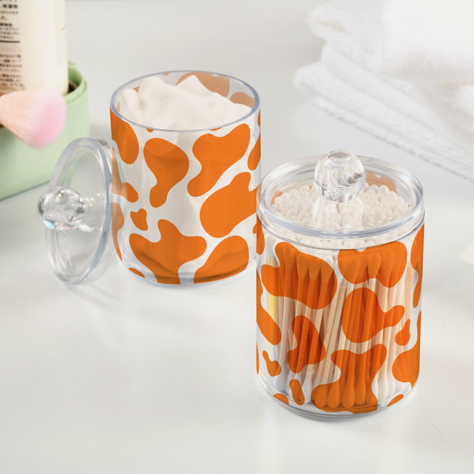 2 Pack Cow Print Orange Plastic Qtips Holder & Bathroom Organizer - Storage Canisters for Cotton Balls, Swabs, Pads, Floss - Plastic Apothecary Jars for Vanity Countertop & Makeup Table Organization (Perfect for Bathroom, Bedroom, Salon Decor)