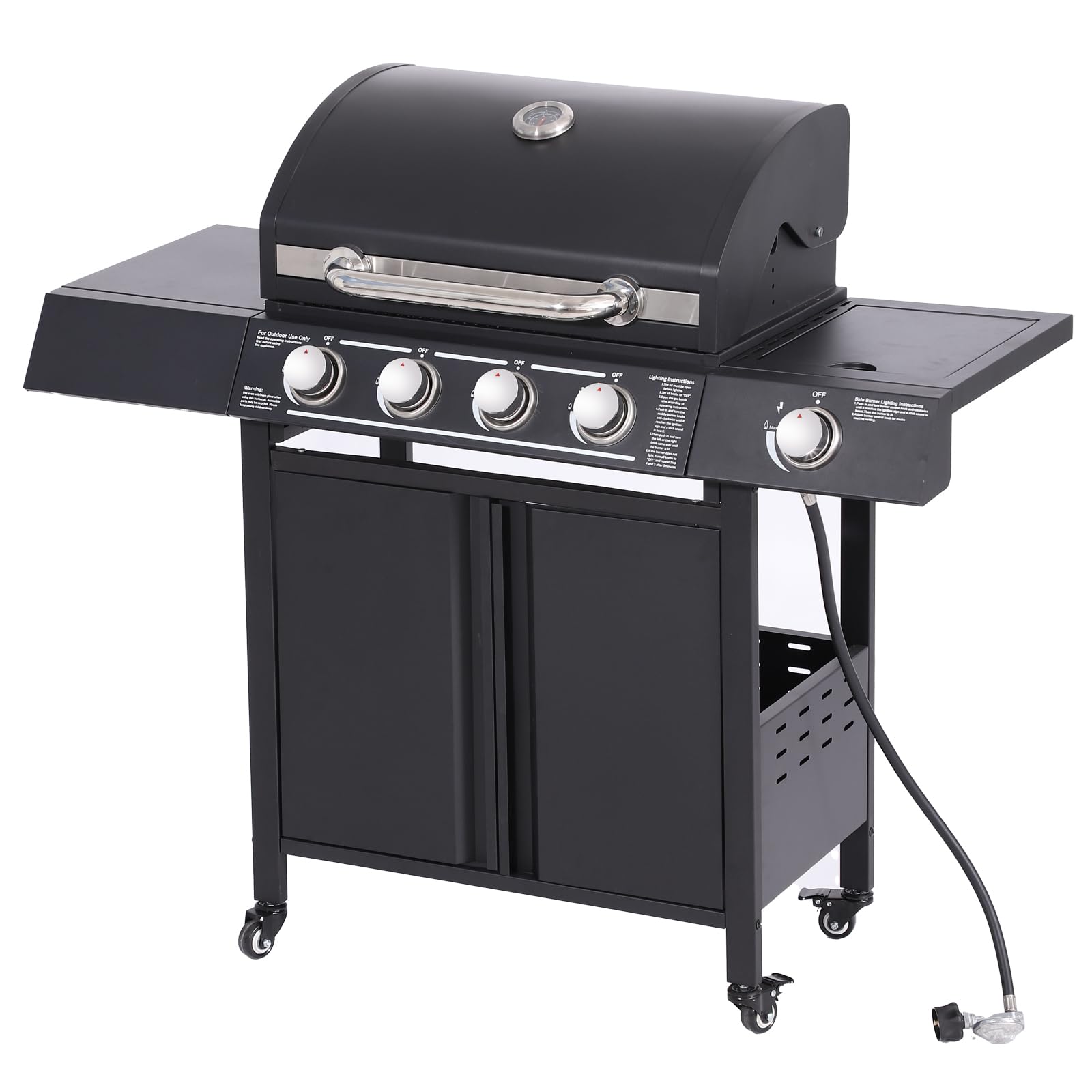 4-Burner Propane Gas BBQ Grill - High-Strength Cast Iron with Side Burner, 50,000 BTU Portable Outdoor Grill with 4 Wheels & 449 SQ.IN Cooking Area - Perfect for Backyard Barbecues, Camping Trips, Tailgating Parties and Family Gatherings