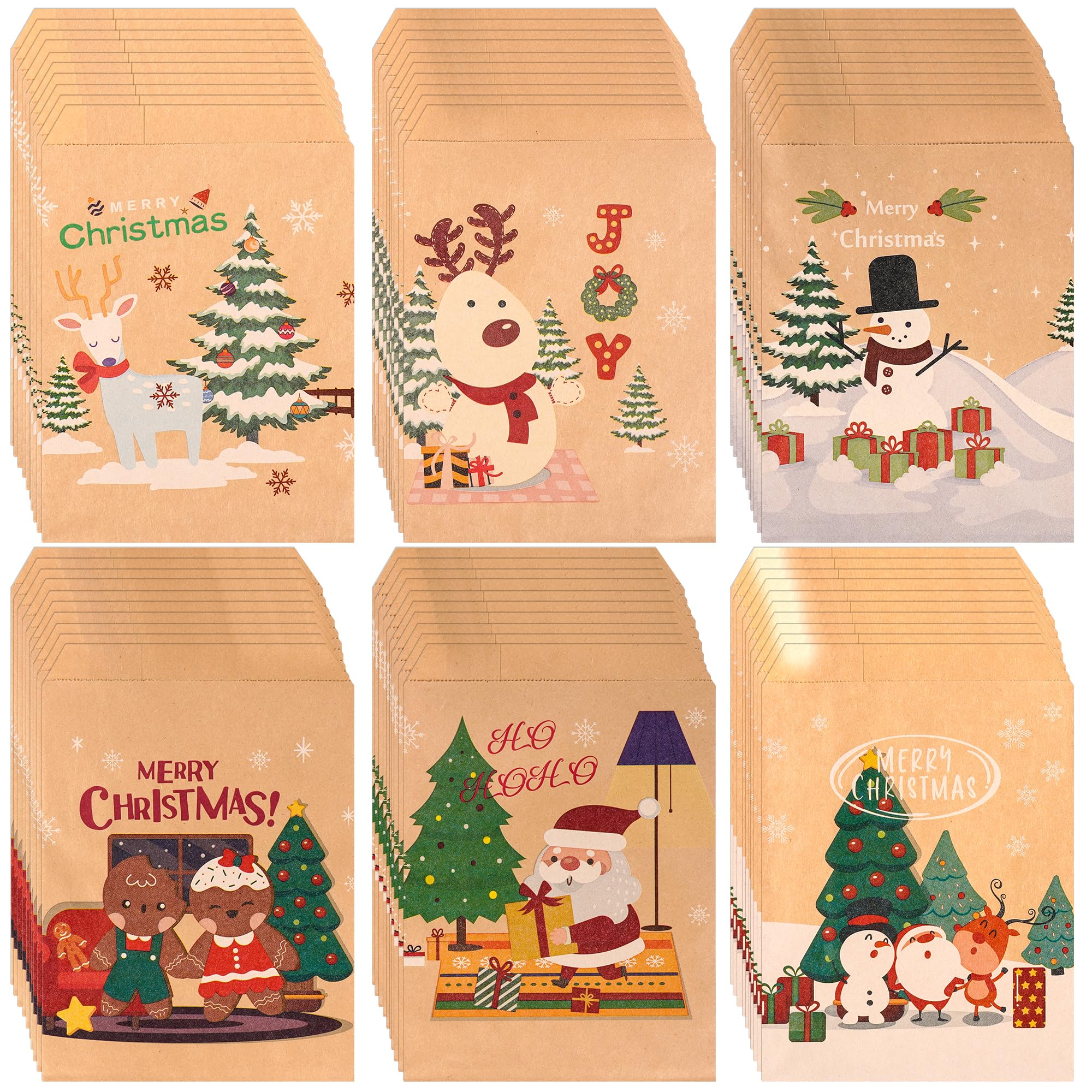 Kolewo4ever 240-Piece Christmas Kraft Treat Bags - Holiday Gift Bags with Xmas Tree, Santa & Elk Prints - Red & Green Candy Buffet Paper Bags for Christmas Snacks & Goodies (6 Styles) - Perfect for Holiday Parties, Gift Wrapping & Candy Buffets