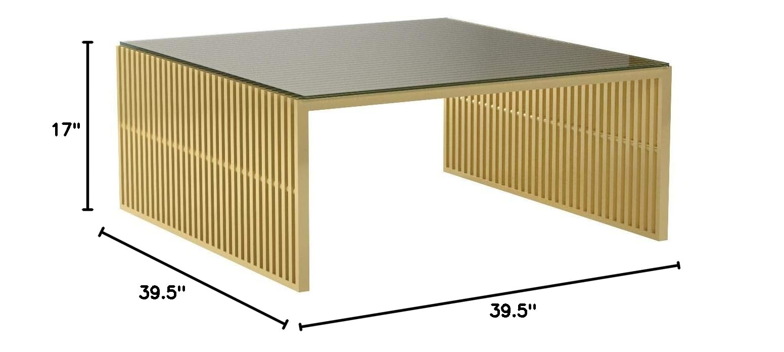 Modway Gridiron Gold Stainless Steel Coffee Table - Modern Glass Top for Living Room