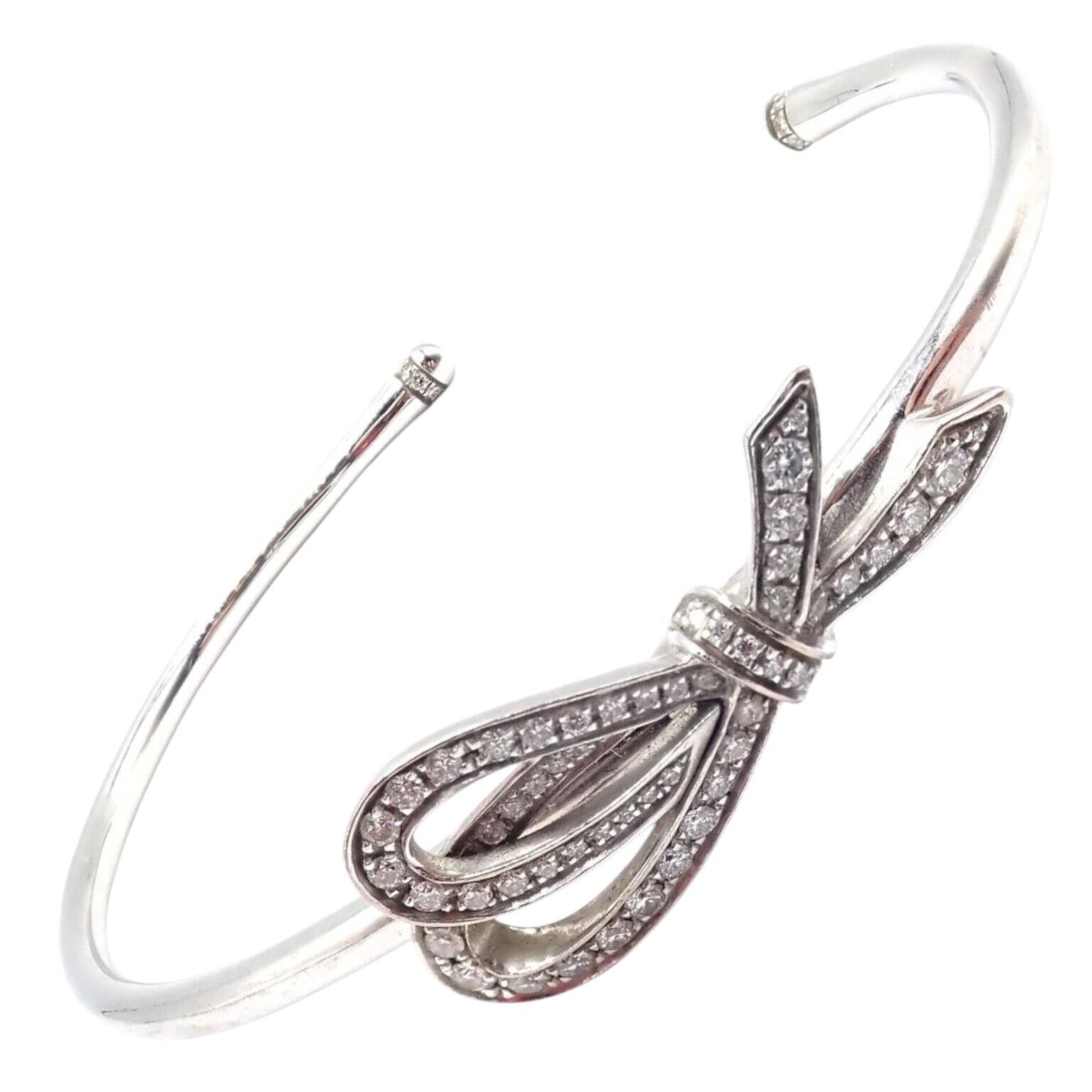Authentic Tiffany & Co 18K White Gold Diamond Bow Ribbon Bangle Cuff Bracelet - Elegant Jewelry Gift for Women, Perfect for Weddings, Anniversaries & Special Occasions