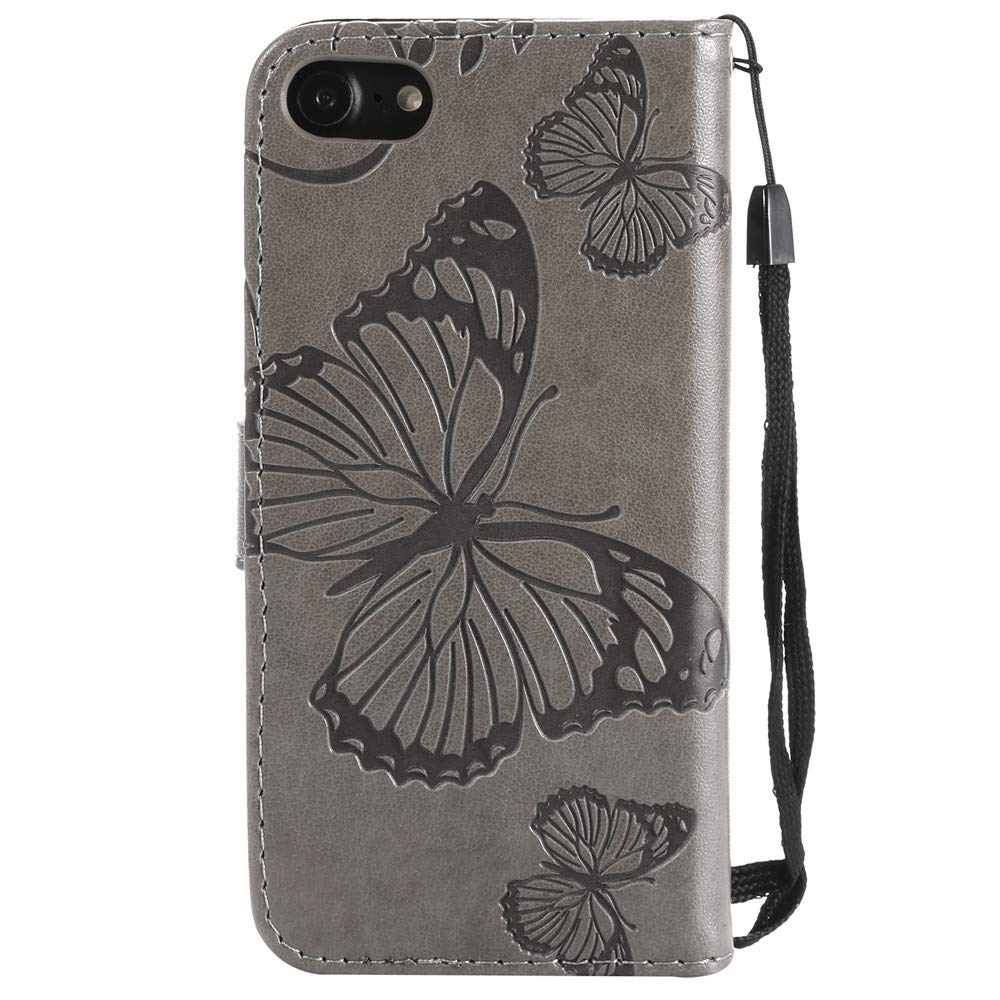 Premium PU Leather Flip Wallet Case for iPhone SE 2020/iPhone 8/iPhone 7 - Shockproof Protective Cover with Card Holder & Butterfly Flower Embossed Design (Big Butterfly Gray) - Perfect for Daily Use, Travel, and Business Meetings