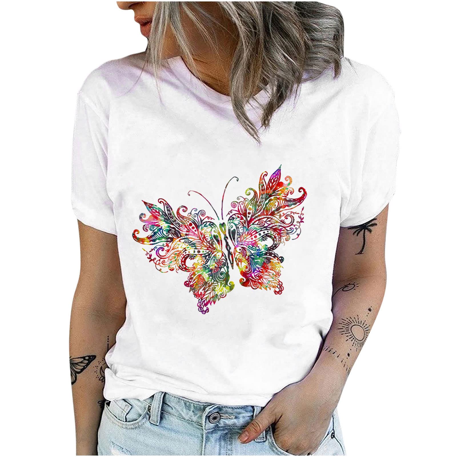 Women's Butterfly Print Crewneck T-Shirt - Cute Graphic Short Sleeve Stretchy White Modal Top for Casual Wear & Summer Outfits