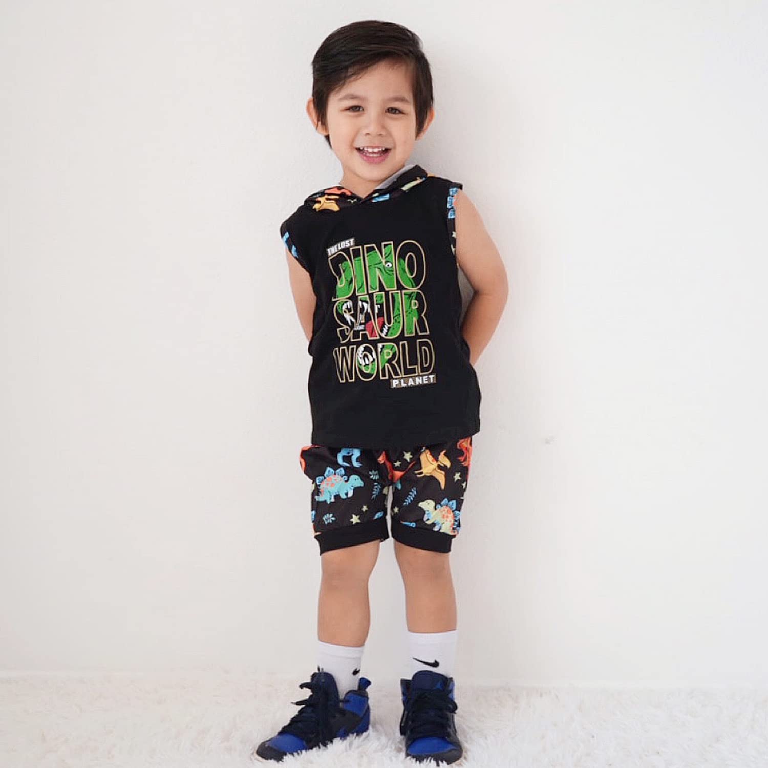**HINTINA Boys Dinosaur Sleeveless Hoodie & Shorts Set - Toddler Summer Outfit for Playtime, Outdoor Adventures & Casual Wear**