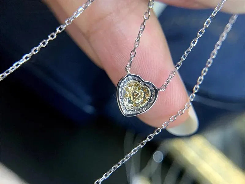 18K Solid White Gold Necklace with Real Yellow Diamond Heart Pendant - Halo Design for Women, Perfect Birthday Gift for Her | Elegant Jewelry for Anniversaries, Valentine's Day & Special Occasions