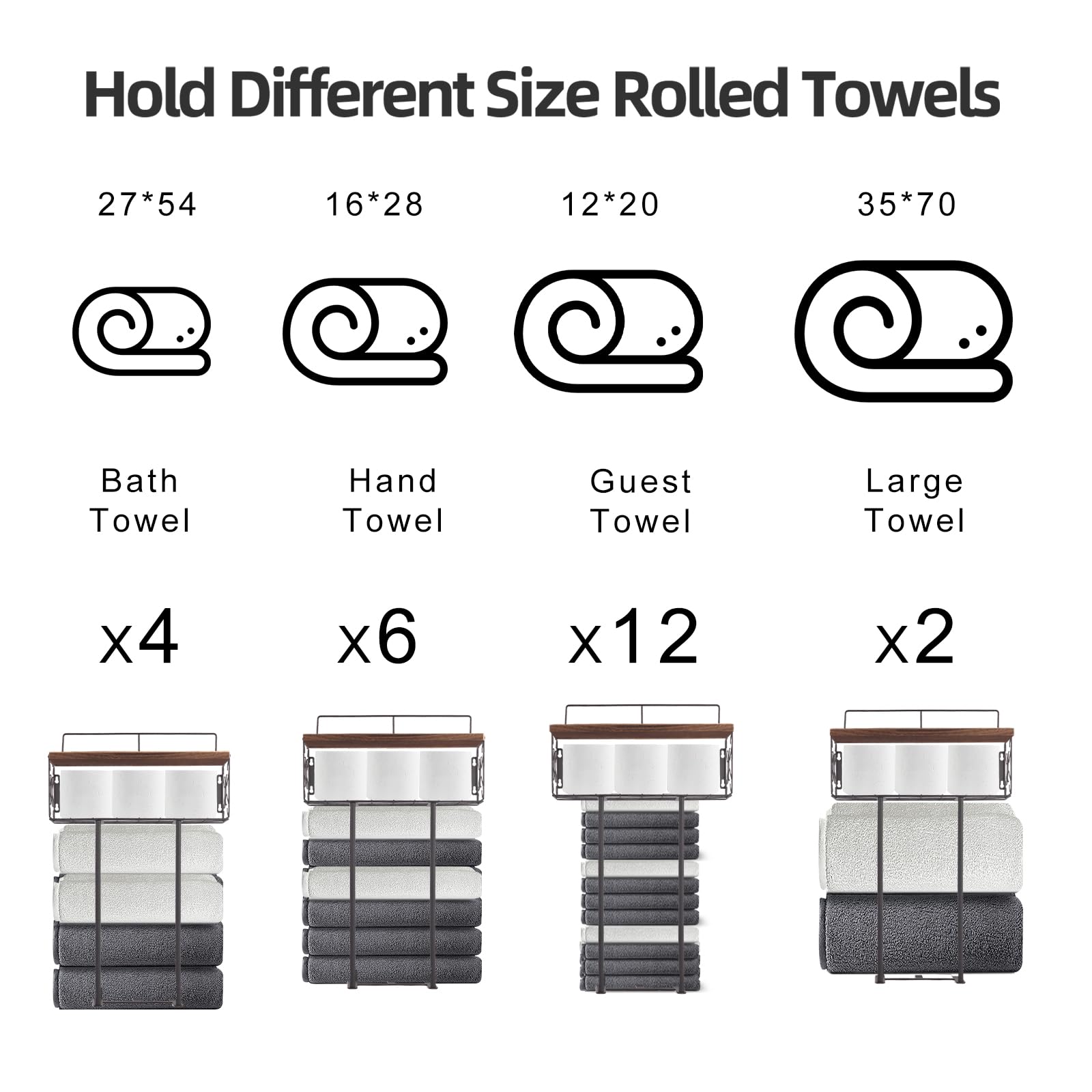 Rustic Wooden Towel Rack for Bathroom - Wall Mounted Towel Holder with Natural Wood Shelf & Wire Basket - Space Saving Storage for 4 Rolled Towels - Perfect for Small Bathrooms, Farmhouse Decor & Organized Home (Multiple Storage, Floating Shelves)