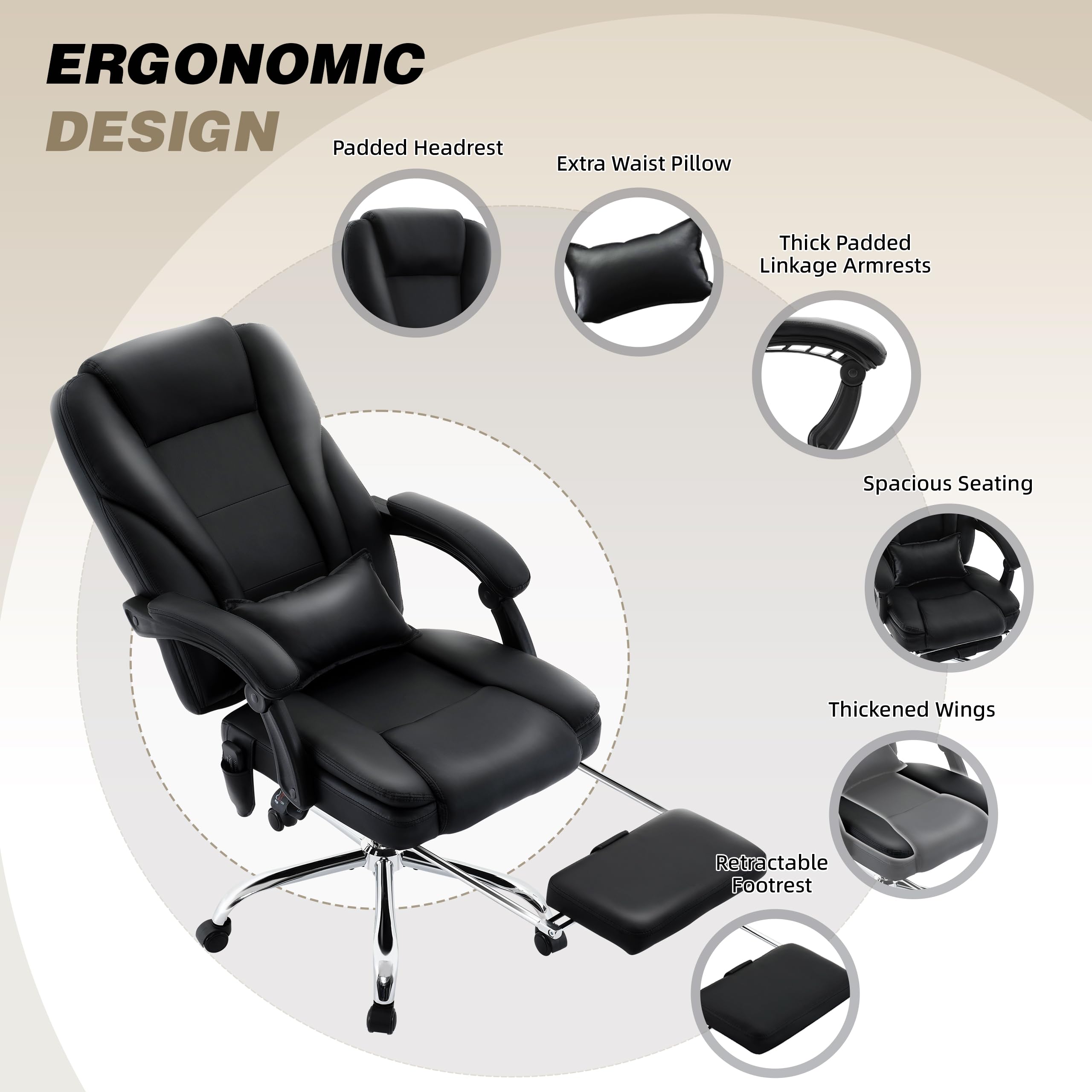Premium Ergonomic Executive Office Chair with Massage & Heat - 500LBS Capacity PU Leather Reclining Chair with Wide Seat, Footrest & Lumbar Support - Perfect for Home Office, Gaming & Workspace Comfort (Black)
