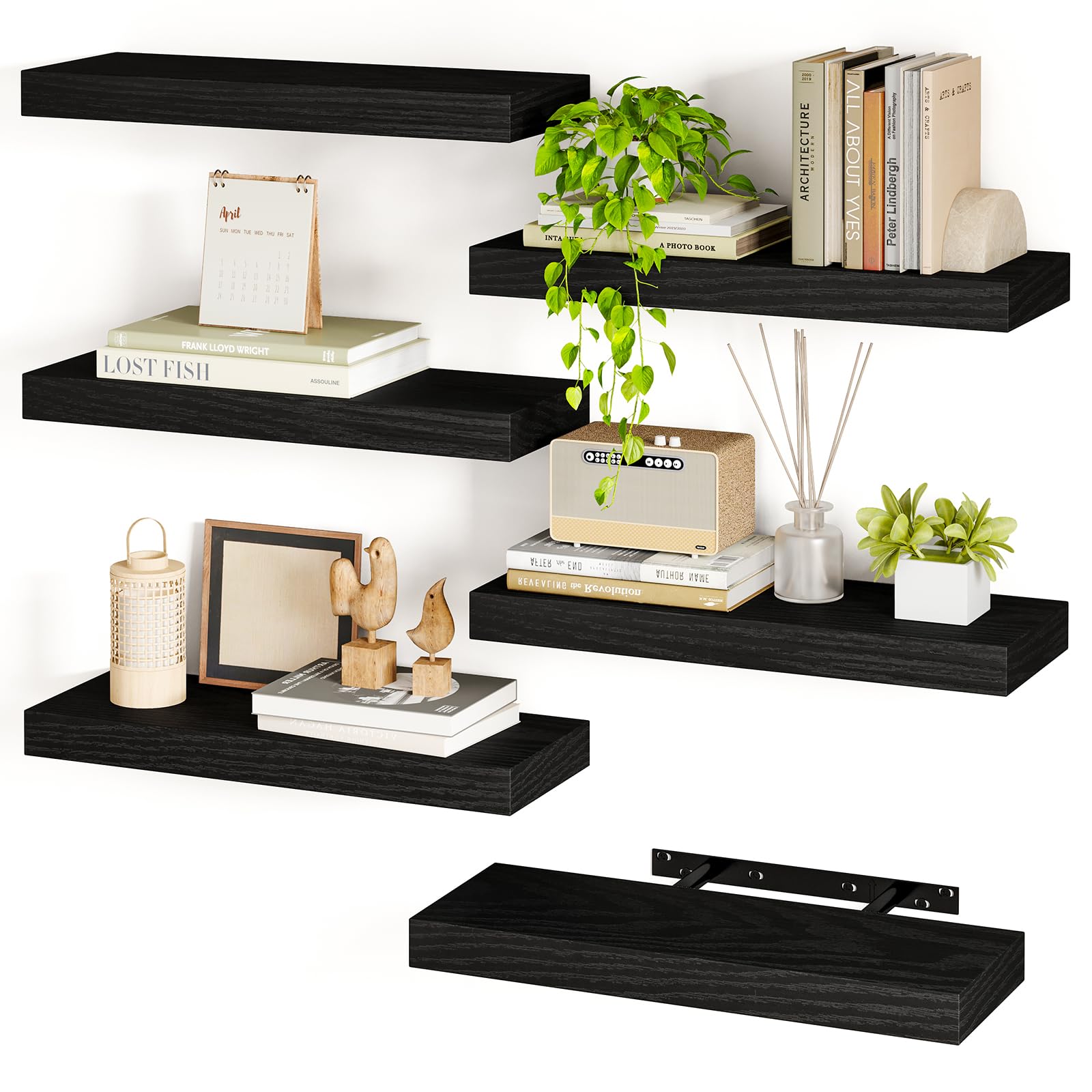 Fixwal 15.8 Inch Black Floating Shelves - Set of 6 Wood Wall Shelves for Farmhouse Decor - Perfect for Bathroom, Bedroom, Living Room & Kitchen Organization and Display