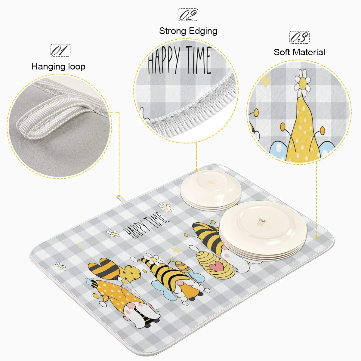 Bees Gnome Microfiber Dish Drying Mat 16x18 - Fast Absorbent Kitchen Counter Mat for Dishes (Grey Buffalo Plaid) - Perfect for Countertop Protection