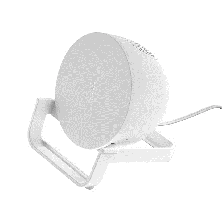 Belkin Qi 10W Wireless Charging Stand with Bluetooth Speaker - Fast Charging Pad for iPhone, Samsung & AirPods - Perfect for Bedroom, Office & Travel (White)