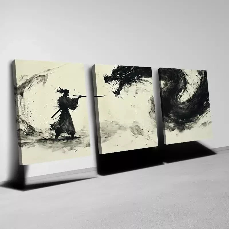 3-Piece Ancient Japanese Dragon & Samurai Wall Art Canvas Set - Framed 50x70cm High Quality Print | 100% Australian Made | Ready to Hang | Perfect for Living Room, Bedroom & Office Decor