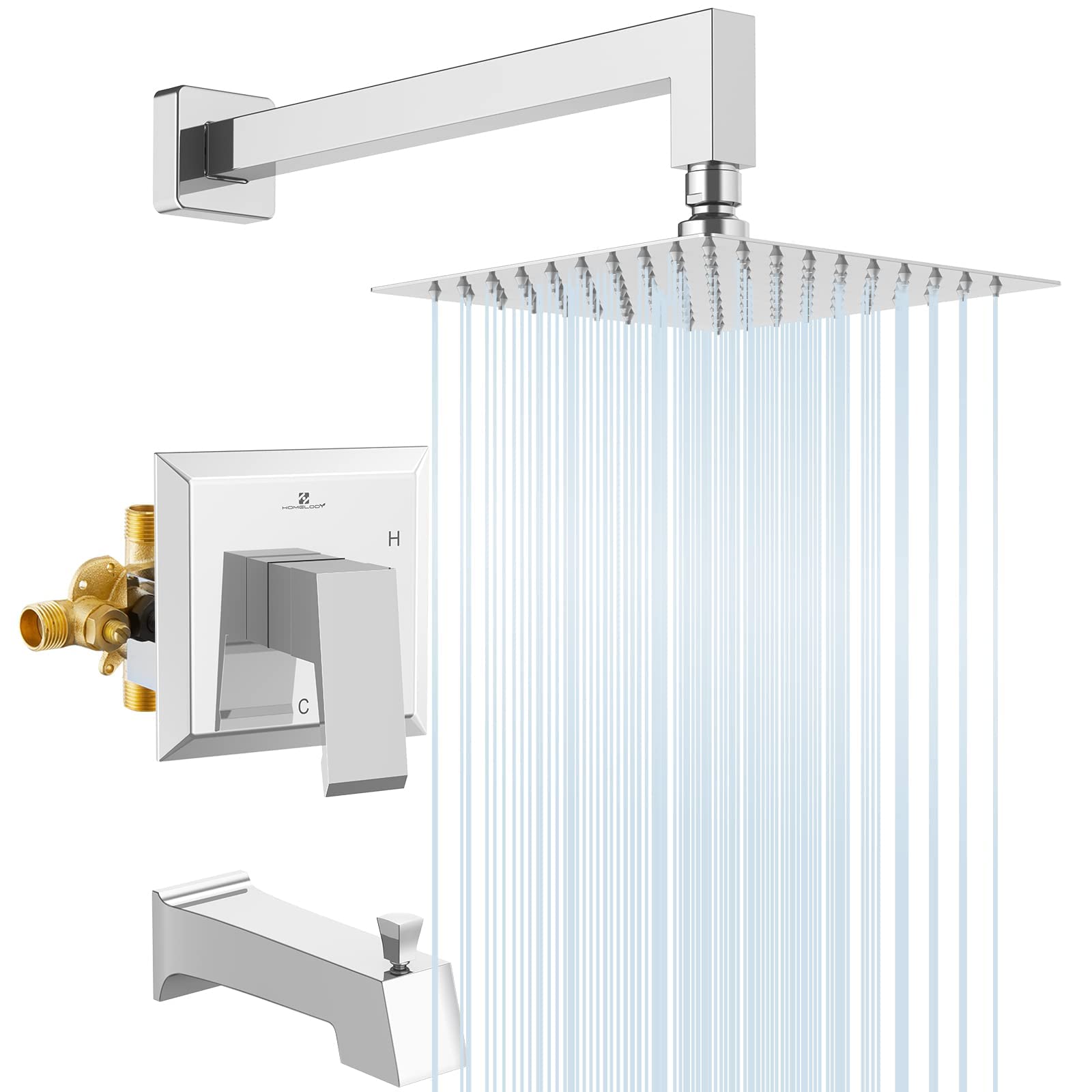 Luxury Chrome Square Rain Shower Head Set with High Pressure - Wall Mounted Rainfall Shower Combo with Handle & Valve for Modern Bathroom - Perfect for Spa-Like Experience and Relaxing Shower Time