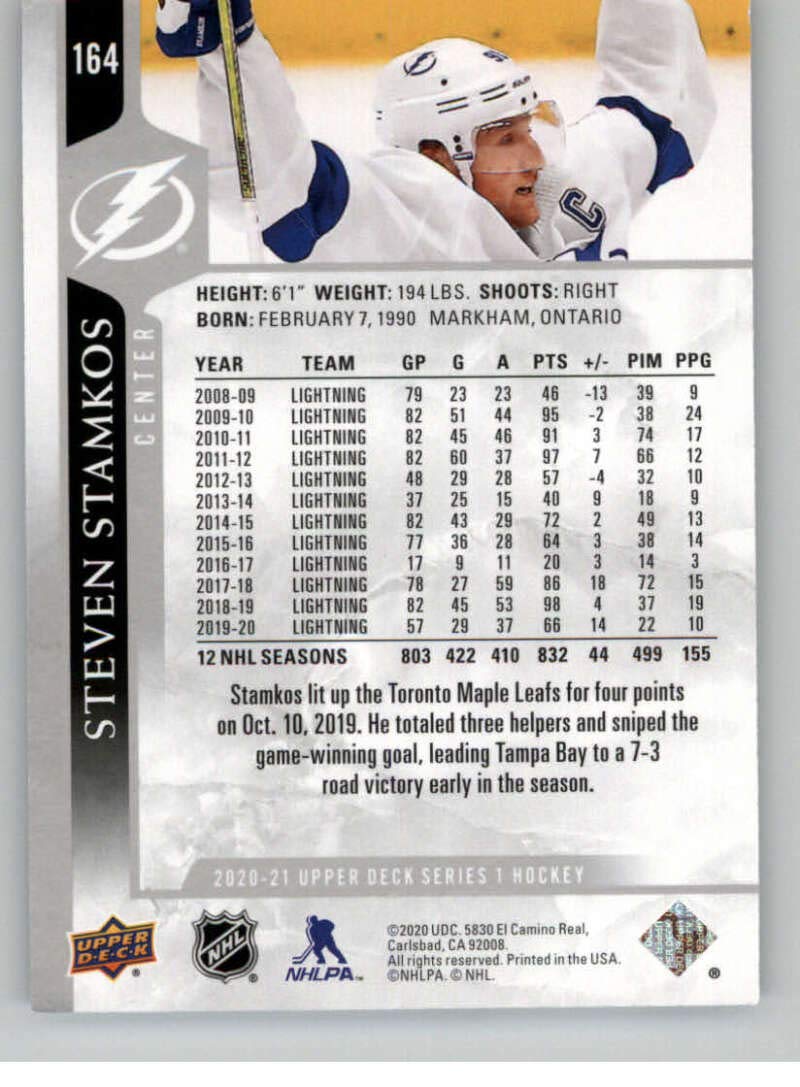 2020-21 Upper Deck Series One Hockey Card #164 Steven Stamkos Tampa Bay Lightning - Collectible Sports Memorabilia for Hockey Fans & Card Collectors