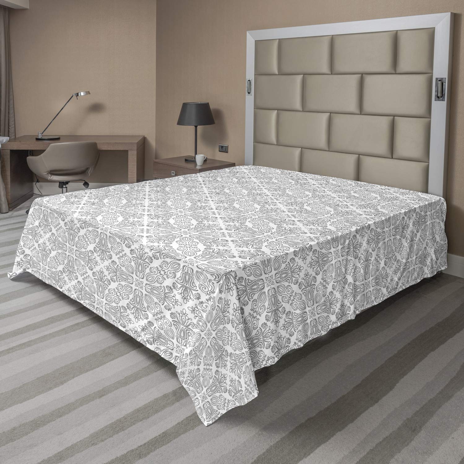 Ambesonne Abstract Flat Sheet - Antique Lines Damask Botanical Twigs Pattern, Soft Comfortable California King Top Sheet (White & Charcoal Grey) for Bedroom, Guest Room & Dorm Decor