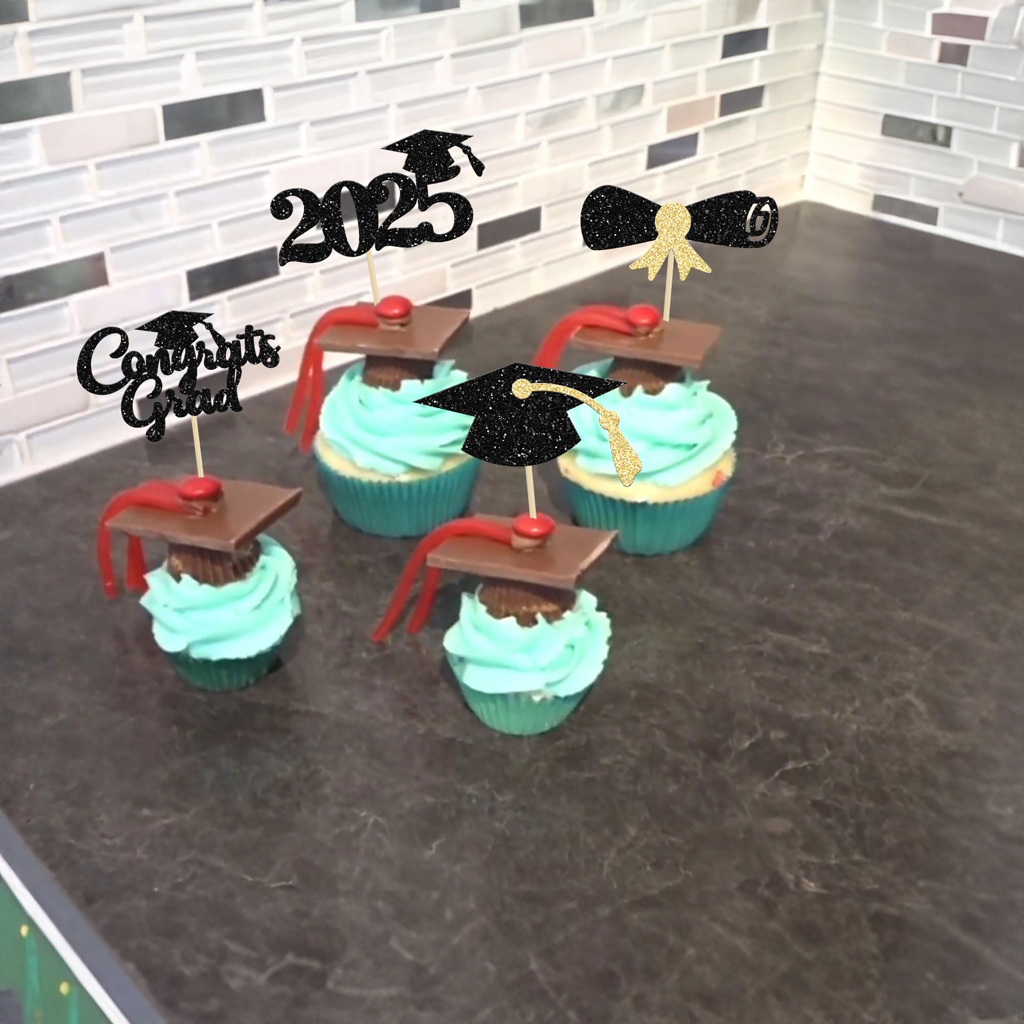 24Pcs Class of 2025 Graduation Cupcake Toppers - Gold Glitter Graduation Cap & Diploma Cake Decorations for 2025 Graduation Party, Birthday, School Celebrations