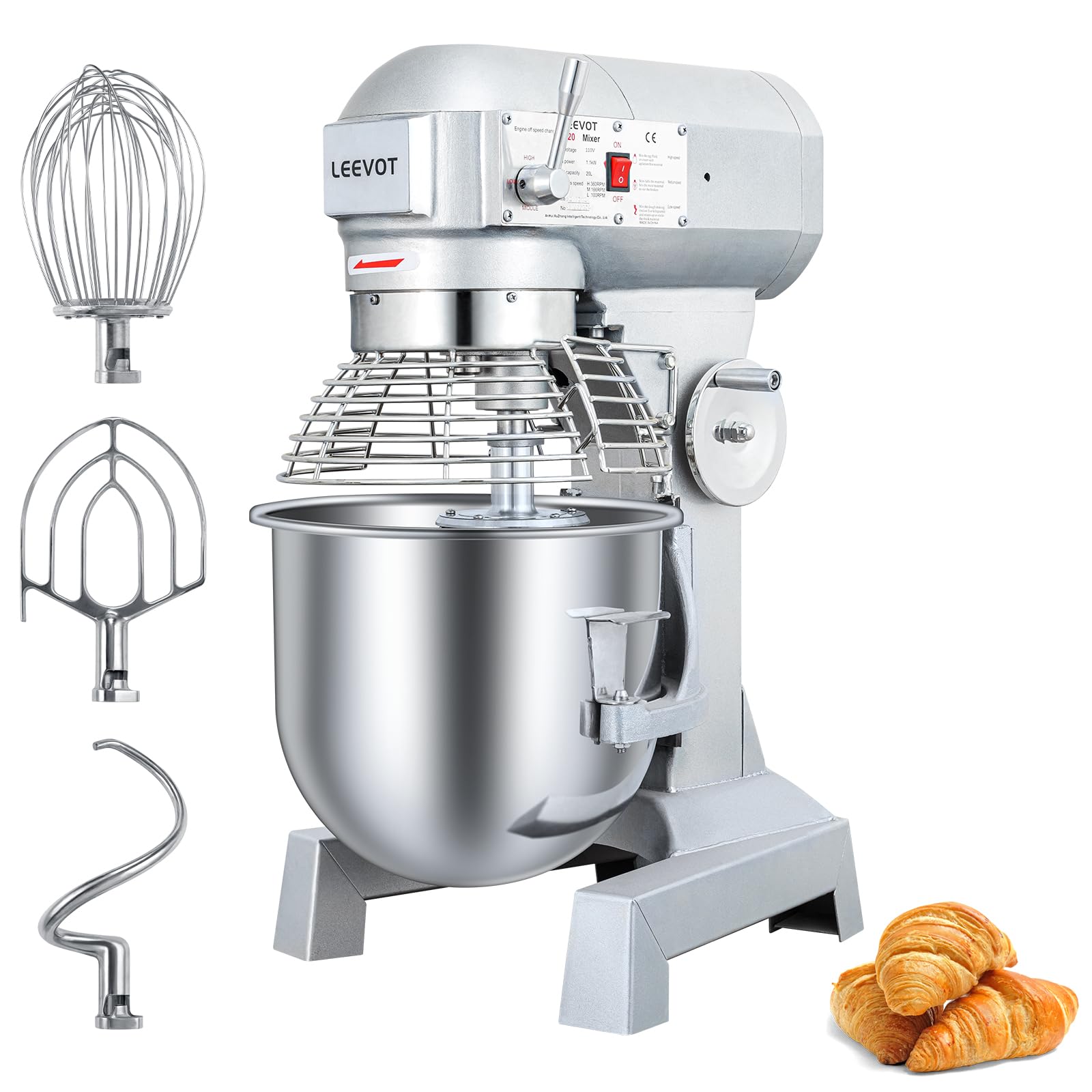 20Qt Commercial Food Mixer - 1100W Heavy Duty Electric Stand Mixer with 3-Speed Adjustable & Stainless Steel Bowl - Perfect for Bakeries, Pizzerias, and Home Kitchens (Compatible with Kitchenaid) - Ideal for Dough Kneading, Cake Mixing, and Food Preparation