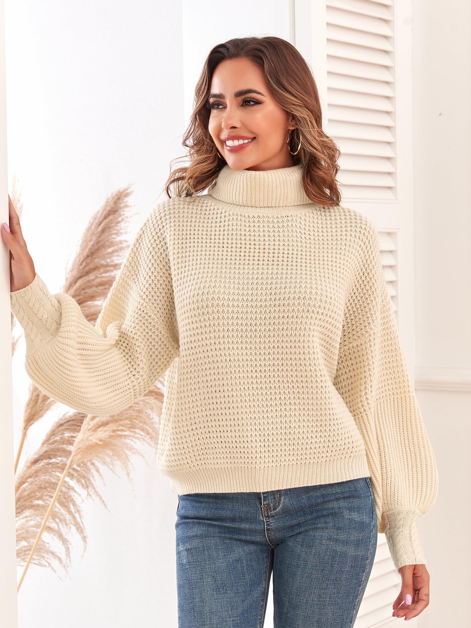 Women's Oversized Turtleneck Sweater - Long Lantern Sleeve Waffle Knit Pullover Jumper Top for Winter Warmth & Casual Outfits | Perfect for Office, Date Night & Holiday Gatherings