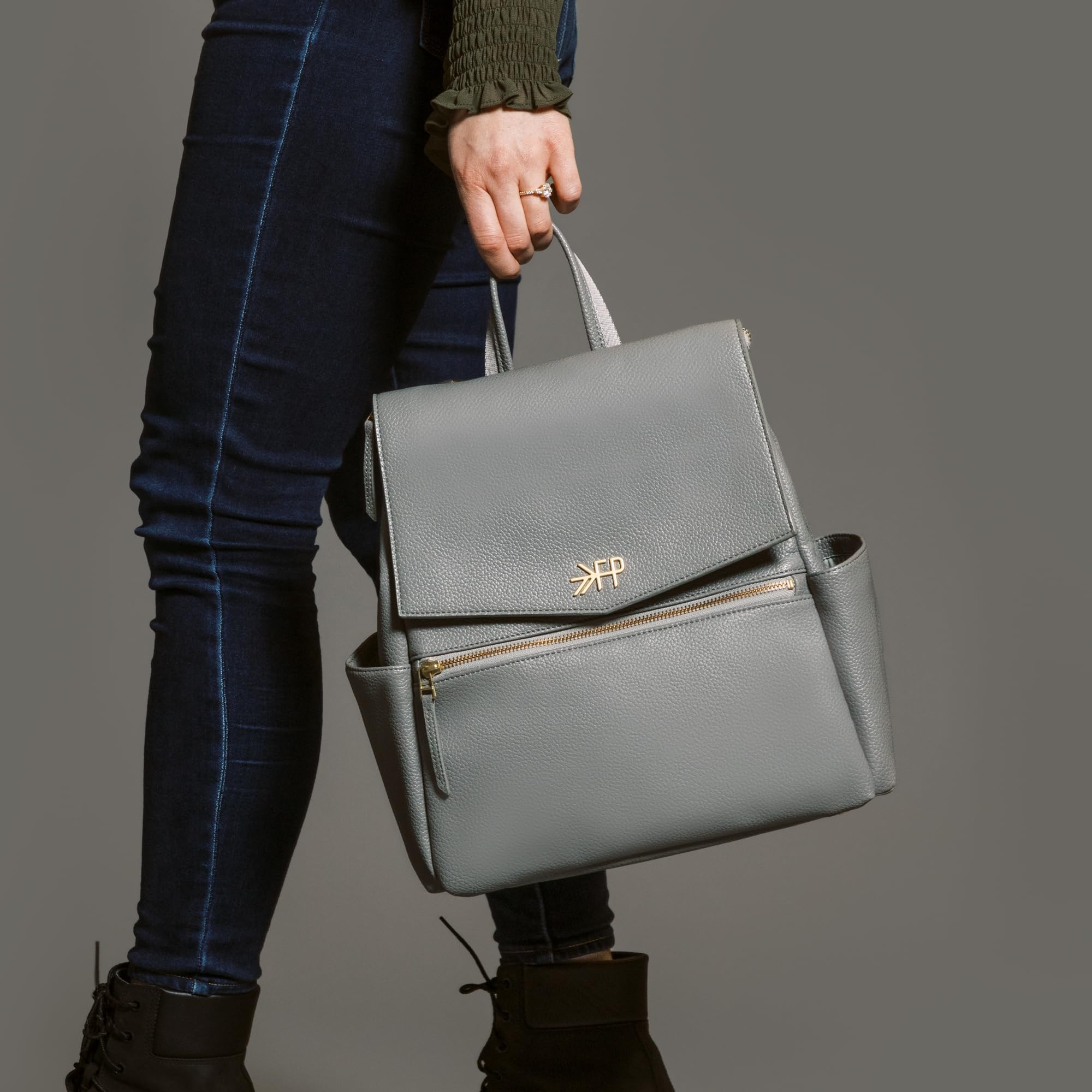 Freshly Picked Mini Classic Diaper Bag Backpack - Waterproof Vegan Leather Baby Changing Bag for Moms, Travel & Everyday Use (Stone Grey) - Perfect for Daycare, Park Outings & Family Trips