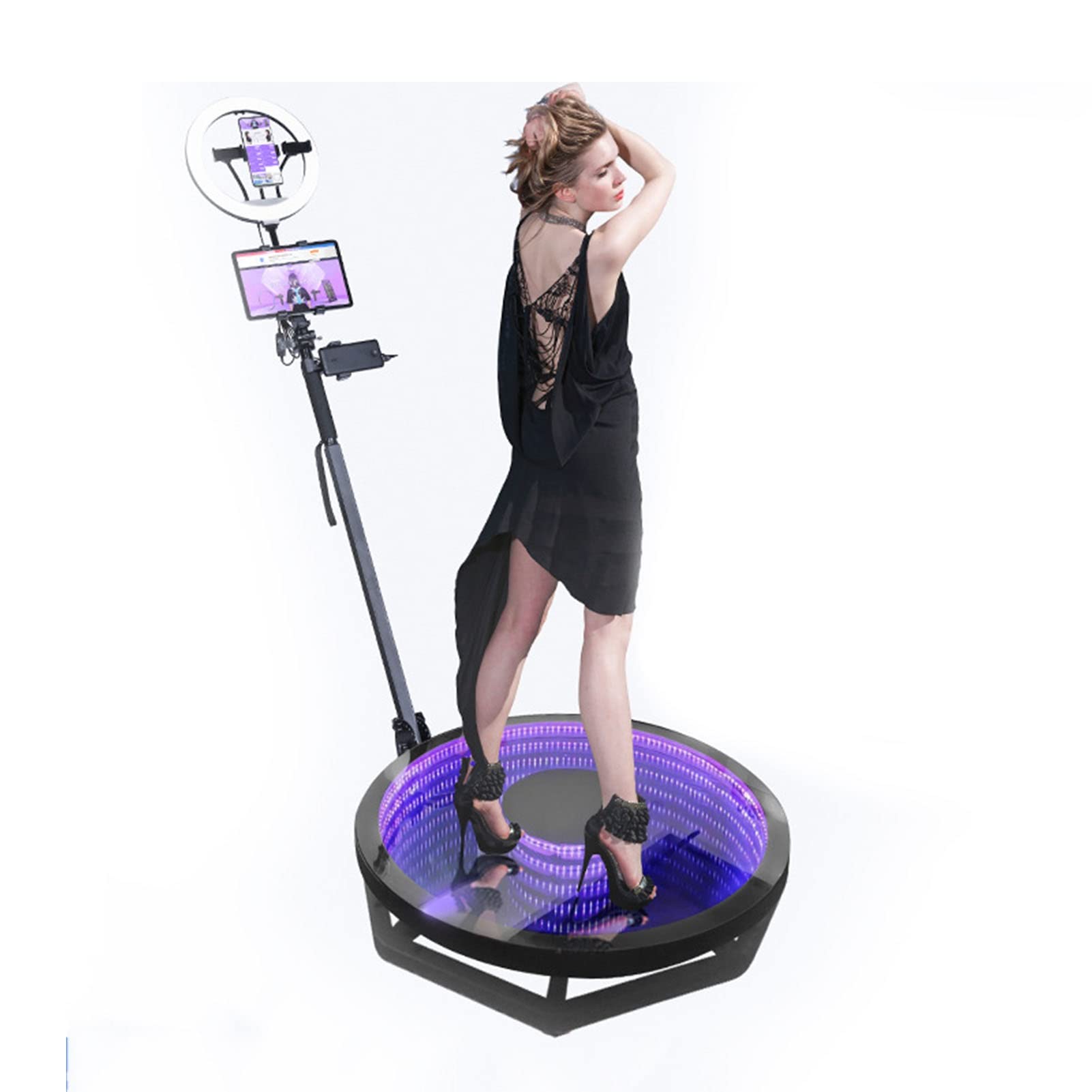 360 Degree Rotating Photo Booth with LED Fill Light & Remote Control - Automatic Vogue Photography Table with Extendable Stand (45.3in/115cm) for Party Events, Wedding Photos & Social Media Content Creation