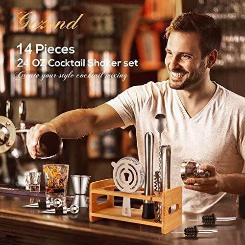 14-Piece Stainless Steel Bartender Kit with Stand - Professional Cocktail Shaker Set for Home Bar, Perfect Gift for Men & Dad - Martini Mixing Tools for Beginners, Great for Christmas Stocking Stuffers & Home Entertaining